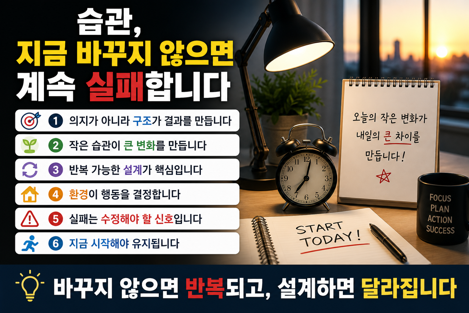습관 변화의 중요성을 강조하는 인포그래픽으로 노트와 알람시계, 스탠드 조명이 있는 책상 위에서 ‘지금 바꾸지 않으면 계속 실패합니다’라는 문구와 함께 습관 구조와 실행 전략 6가지가 정리된 이미지
