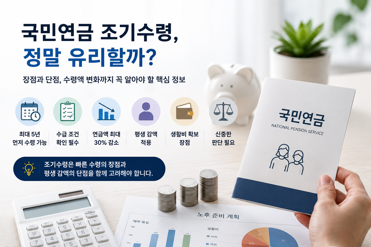 국민연금 조기수령 여부를 고민하는 사람을 위한 현대적인 실사형 인포그래픽 이미지. 국민연금 안내서, 계산기, 연금 수령액 그래프, 동전 더미, 재무 계획 노트가 배치된 밝고 전문적인 사무실 환경 속에서 조기수령 조건, 수령액 감소, 장단점 비교 등의 핵심 내용이 시각적으로 표현된 연금·노후준비 콘셉트 디자인.