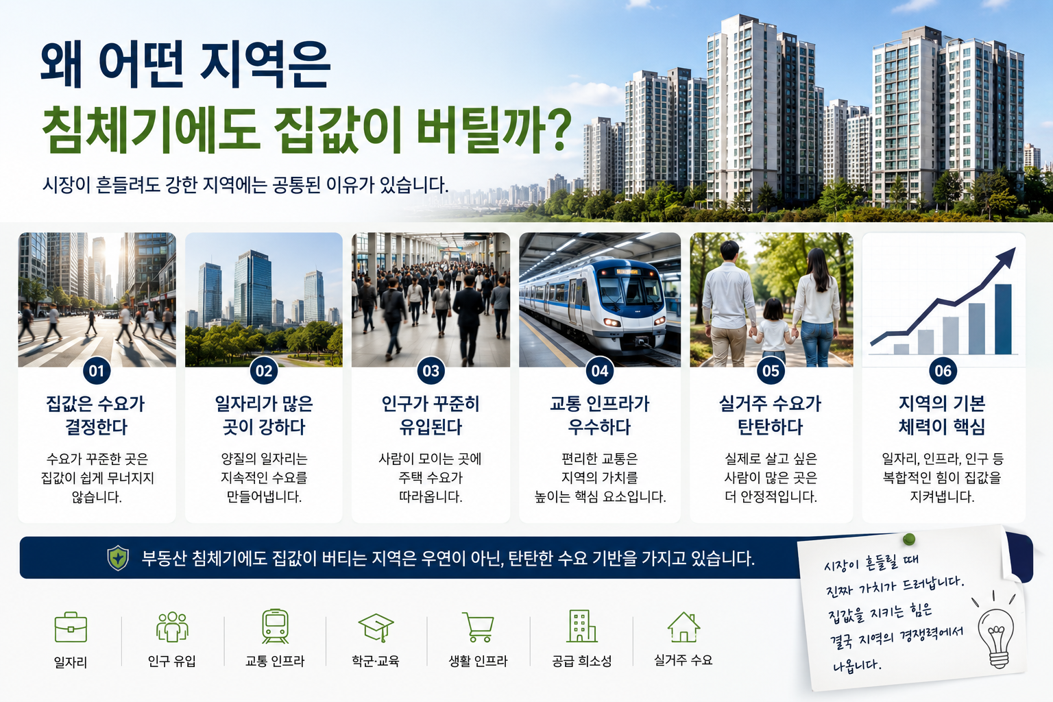 대규모 아파트 단지와 업무지구, 지하철, 가족 단위 거주자, 상승 그래프가 함께 표현된 현대적인 부동산 인포그래픽 이미지. 부동산 침체기에도 집값이 유지되는 지역의 핵심 요소를 시각적으로 설명하고 있습니다.