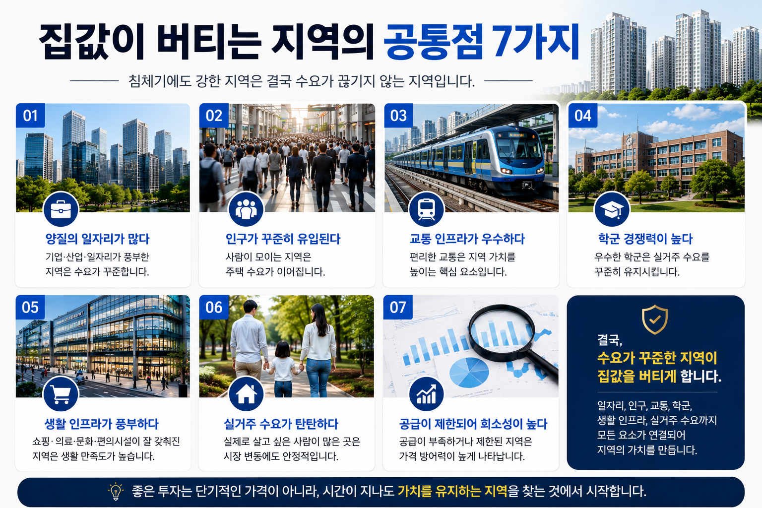 고층 업무지구, 인구 유입이 많은 도심 거리, 지하철 교통망, 학교, 상업시설, 가족 단위 거주자, 부동산 분석 자료가 함께 표현된 현대적인 부동산 인포그래픽 이미지. 집값이 침체기에도 버티는 지역의 핵심 요소를 시각적으로 설명하고 있습니다.