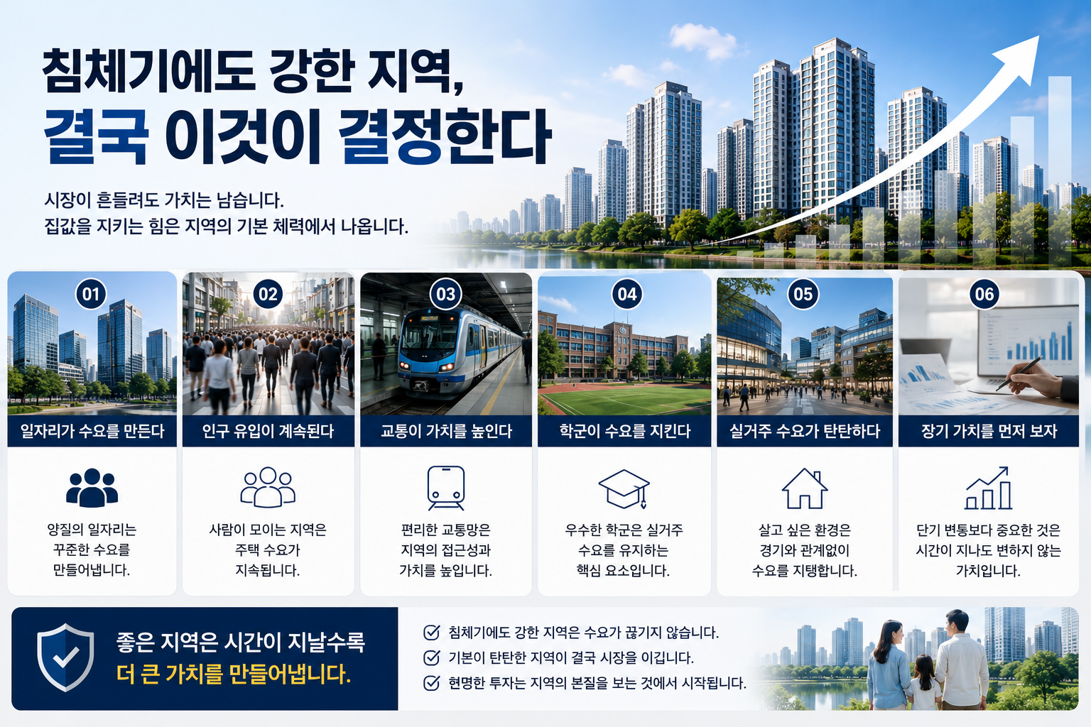 대규모 아파트 단지와 도시 스카이라인을 배경으로 상승 그래프가 표현되어 있으며, 일자리·인구 유입·교통·학군·실거주 수요 등 집값을 지탱하는 핵심 요소가 함께 정리된 현대적인 부동산 인포그래픽 이미지