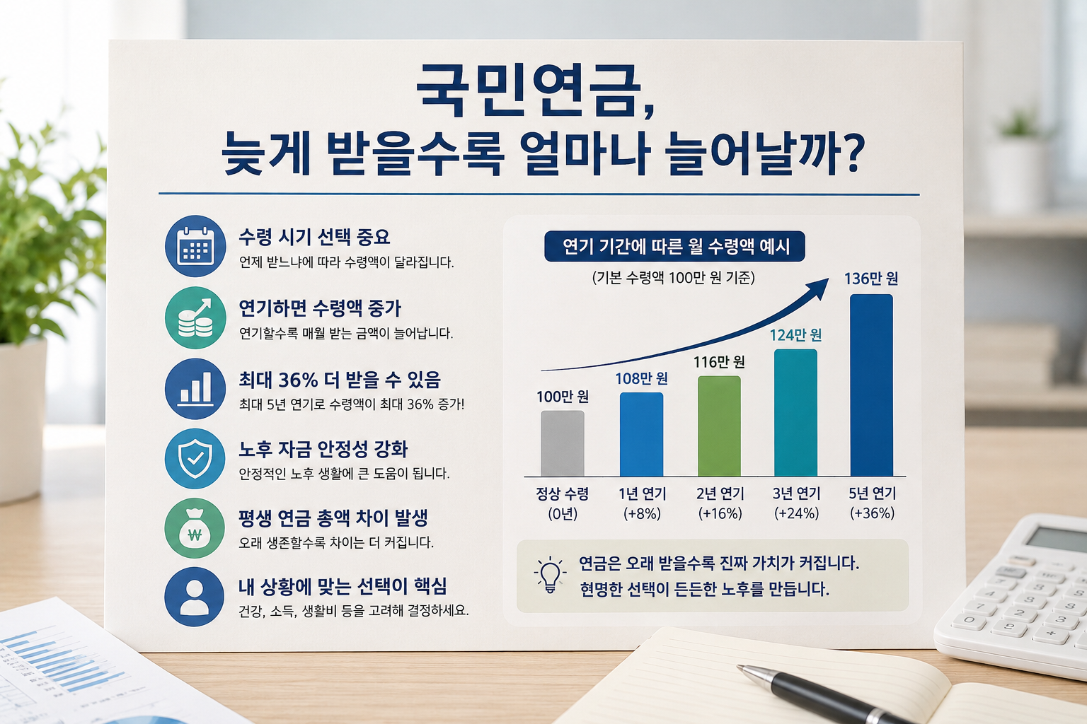 국민연금 연기수령 시 수령액 증가 효과를 설명하는 현대적인 인포그래픽으로, 연금 수령 시기별 금액 비교 그래프와 핵심 장점을 시각적으로 정리한 금융 정보 이미지.