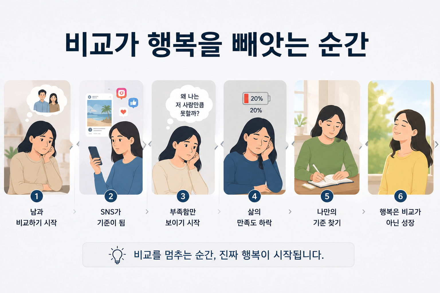 비교 심리가 행복을 빼앗는 과정을 단계별로 보여주는 현대적인 자기계발 인포그래픽으로, SNS 비교에서 시작해 삶의 만족도 하락을 거쳐 자신만의 기준을 찾고 성장하는 과정을 시각적으로 표현한 이미지.