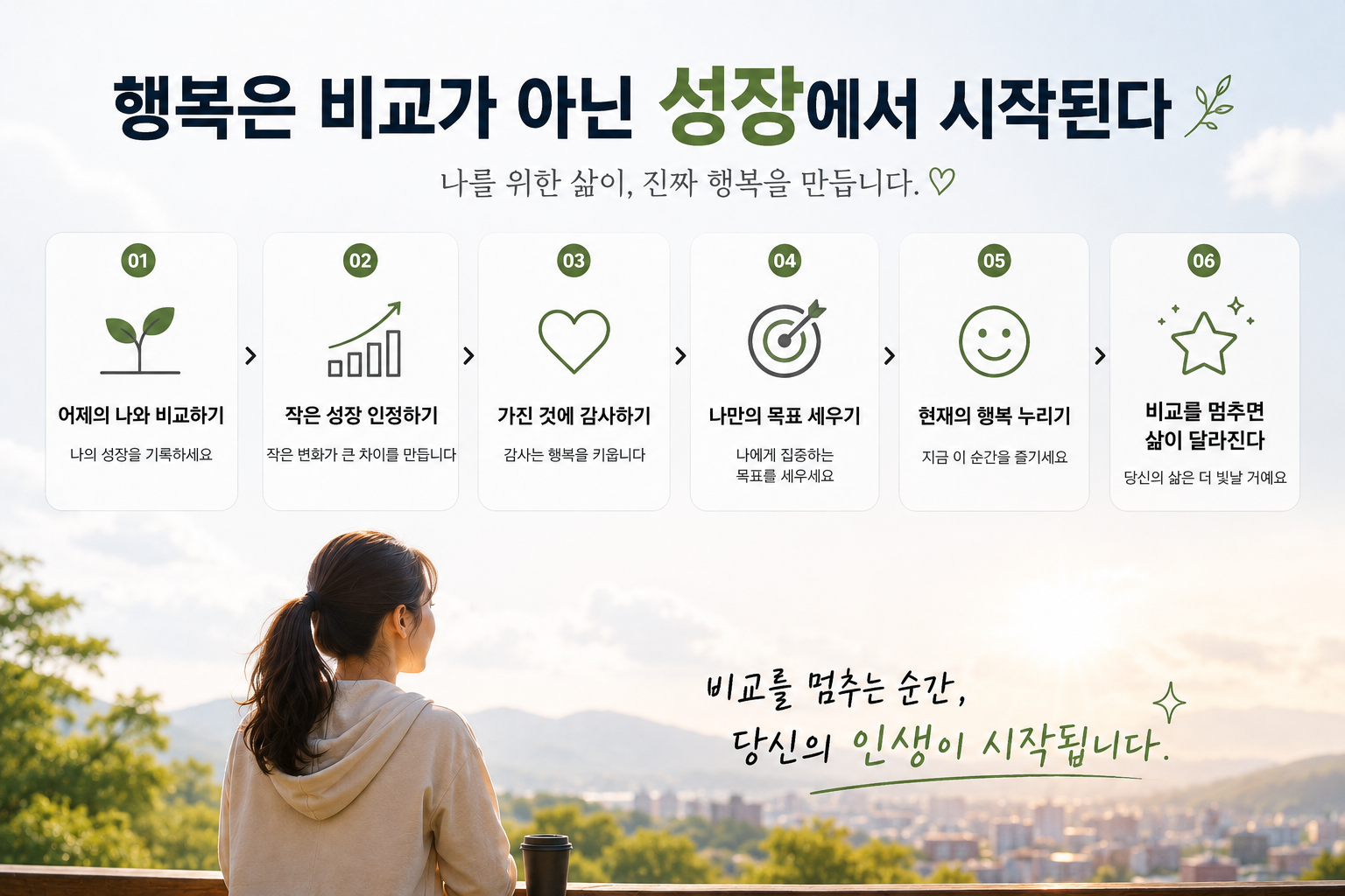 비교를 멈추고 자신의 성장에 집중하는 과정을 표현한 현대적인 자기계발 인포그래픽으로, 감사하기·목표 세우기·현재의 행복 누리기 등 삶의 만족도를 높이는 실천 방법을 시각적으로 정리한 이미지.