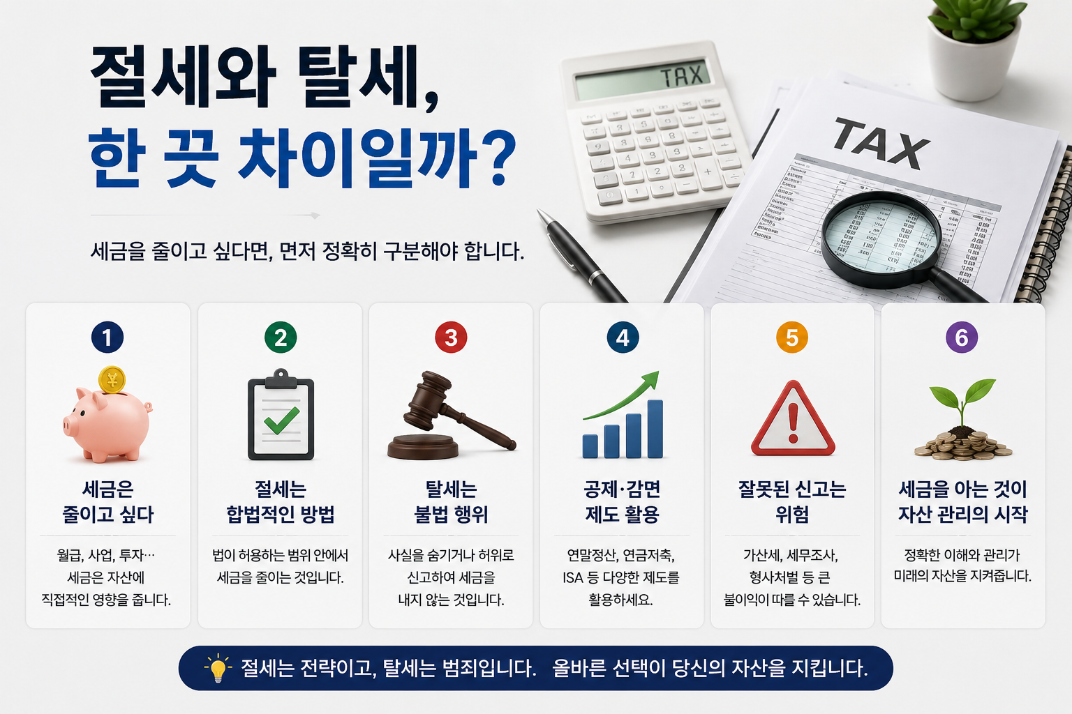 절세와 탈세의 차이를 설명하는 현대적인 금융 인포그래픽으로, 세금 계산서, 계산기, 동전, 체크리스트와 함께 합법적인 절세와 불법적인 탈세를 비교하는 내용을 시각적으로 표현한 실사형 이미지.