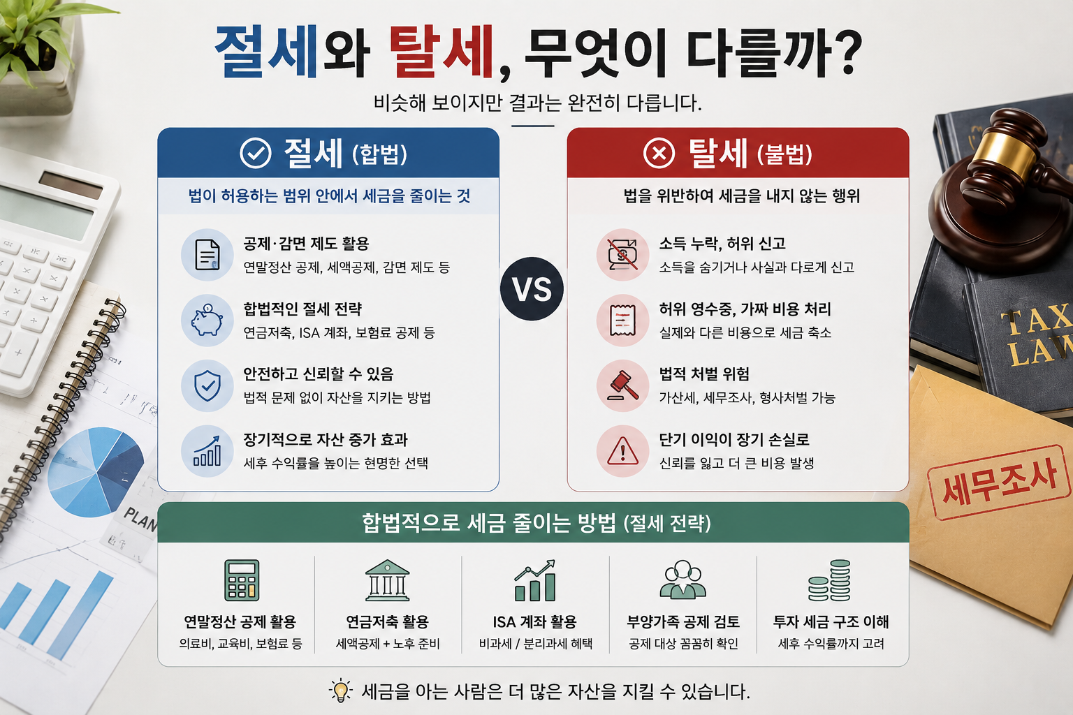 절세와 탈세의 차이점을 비교 설명하는 현대적인 금융 인포그래픽으로, 세금 서류, 계산기, 체크리스트, 법원 망치, 상승 그래프와 동전 아이콘을 활용해 합법적인 절세와 불법적인 탈세의 차이를 시각적으로 표현한 실사형 이미지.