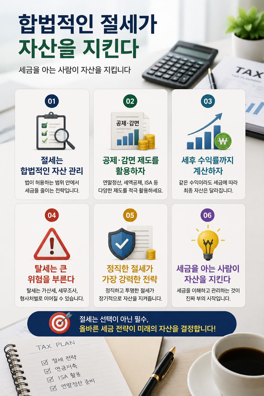 합법적인 절세의 중요성을 강조하는 현대적인 금융 인포그래픽으로, 계산기, 세금 신고서, 동전, 상승 그래프, 방패 아이콘이 배치되어 있으며 절세 전략과 자산 보호의 관계를 시각적으로 표현한 실사형 이미지.