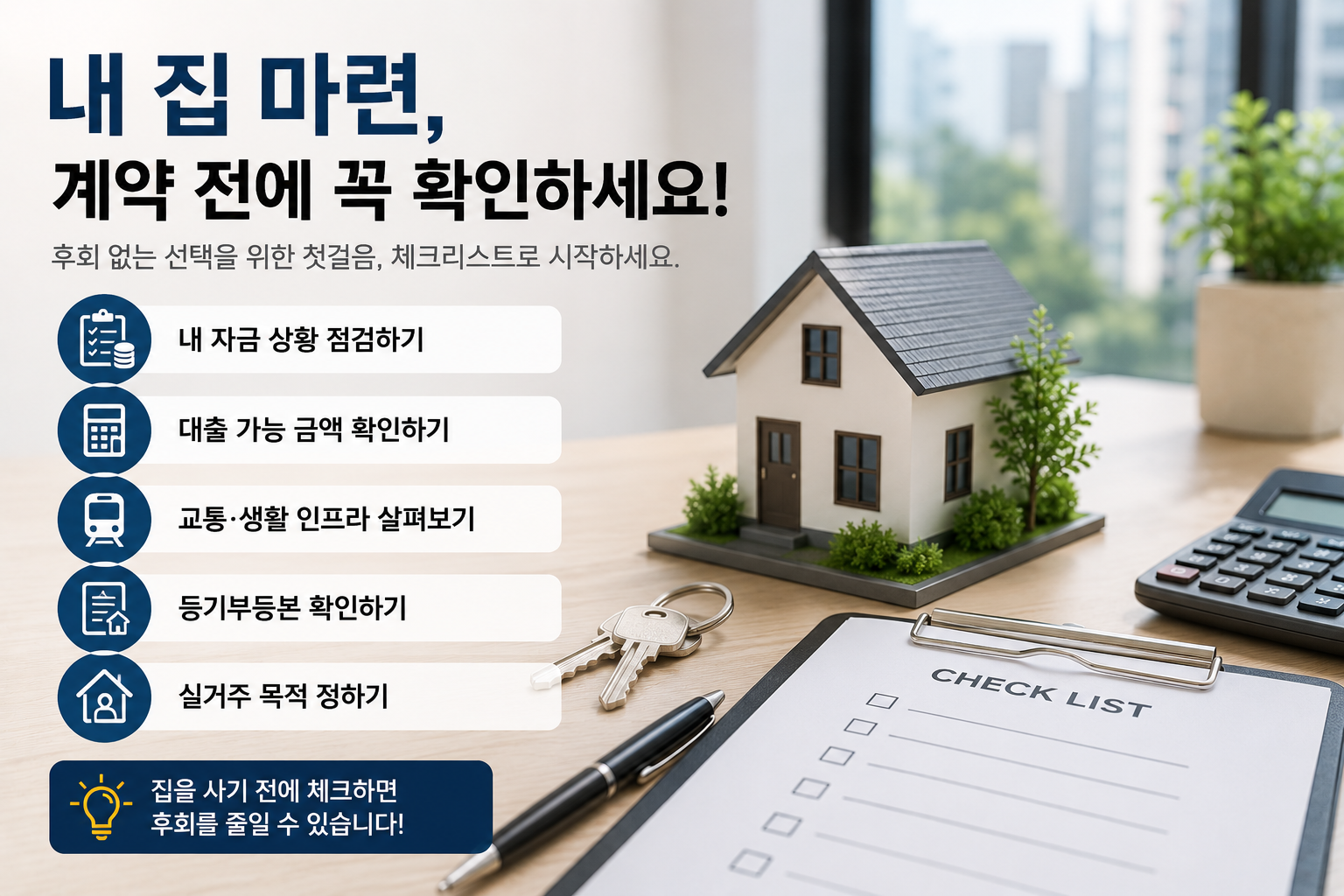 내 집 마련 체크리스트를 설명하는 부동산 인포그래픽 이미지로, 주택 모형과 집 열쇠, 체크리스트 문서, 계산기가 함께 배치되어 있으며 집 구매 전 반드시 확인해야 할 핵심 사항을 안내하는 현대적인 실사 스타일 이미지.