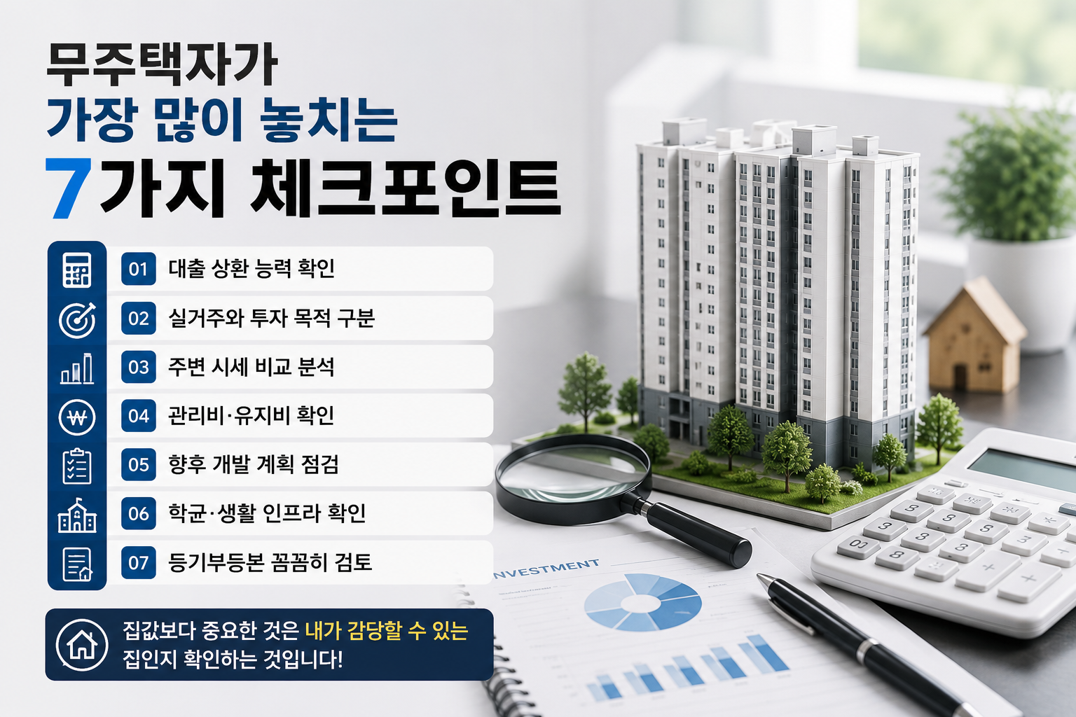 무주택자가 집을 구매하기 전에 확인해야 할 핵심 체크포인트를 설명하는 부동산 인포그래픽 이미지. 아파트 모형, 돋보기, 계산기, 부동산 서류가 함께 배치되어 있으며 대출, 시세, 개발 계획, 생활 인프라 등을 점검하는 현대적인 실사 스타일 이미지.