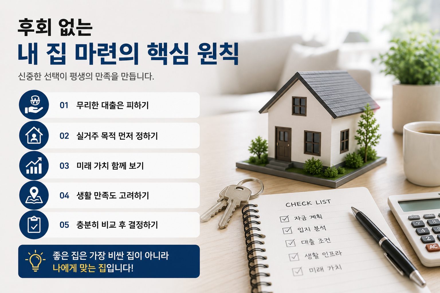 아파트와 단독주택 모형, 집 열쇠, 체크리스트 문서가 함께 배치된 부동산 인포그래픽 이미지. 무리한 대출을 피하고 실거주 목적과 미래 가치를 고려하는 내 집 마련 원칙을 설명하는 현대적인 실사 스타일 이미지.