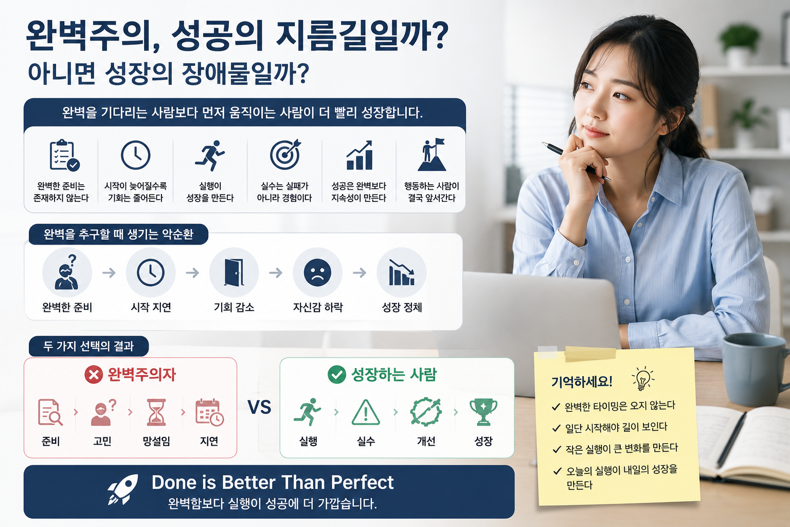 노트북 앞에서 생각에 잠긴 직장인의 모습과 함께 완벽주의와 성장의 차이를 설명하는 현대적인 실물사진 인포그래픽 이미지. 완벽한 준비, 시작 지연, 기회 감소, 성장 정체의 흐름과 실행, 실수, 개선, 성장의 과정을 비교하여 표현한 자기계발 콘텐츠용 디자인.