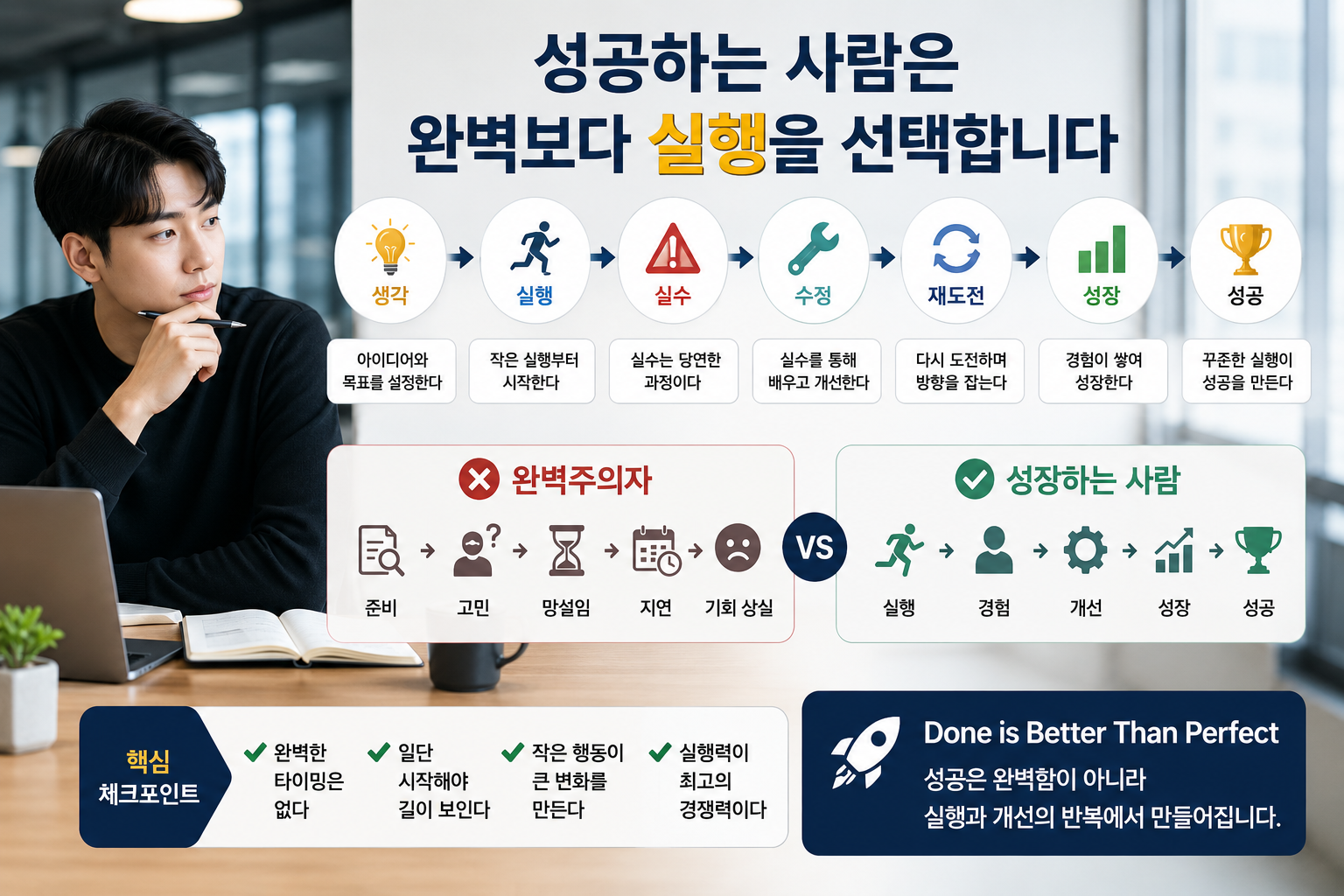 노트북 앞에서 생각에 잠긴 직장인과 함께 완벽주의자와 성장하는 사람의 행동 차이를 비교한 현대적인 실물사진 인포그래픽 이미지. 생각, 실행, 실수, 수정, 재도전, 성장, 성공의 과정을 단계별로 표현하고, 실행 중심 사고방식의 중요성을 강조한 자기계발 콘텐츠용 디자인.