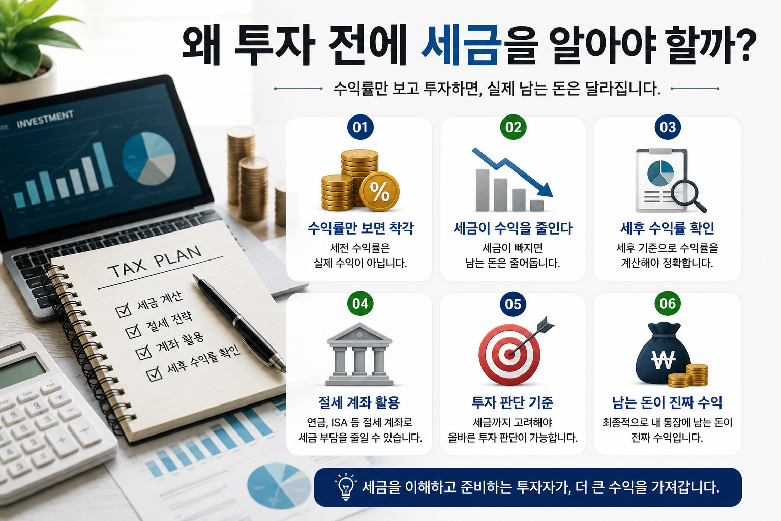 노트북, 계산기, 투자 차트, 세금 계획(TAX PLAN) 노트가 놓인 책상을 배경으로 "왜 투자 전에 세금을 알아야 할까?"라는 문구가 강조된 현대적인 금융 인포그래픽. 수익률 착각, 세금에 의한 수익 감소, 세후 수익률 확인, 절세 계좌 활용, 투자 판단 기준, 실질 수익 확인 등 투자 전 반드시 알아야 할 절세 포인트를 단계별로 설명한 실사형 이미지.