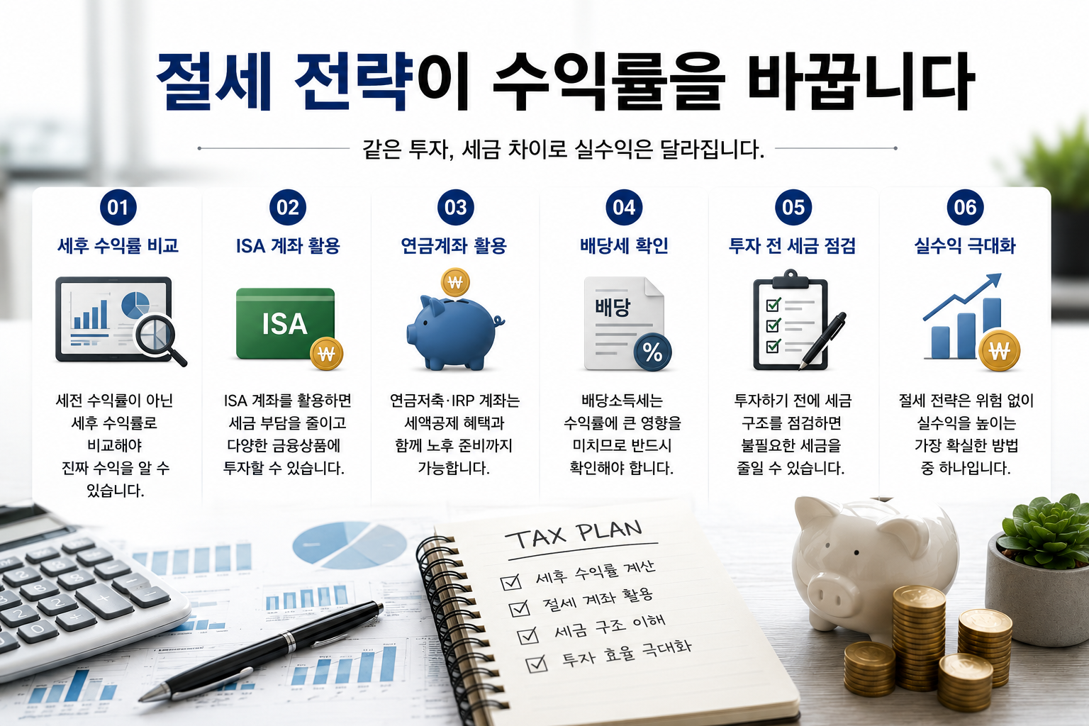 "절세 전략이 수익률을 바꿉니다"라는 제목 아래 세후 수익률 비교, ISA 계좌 활용, 연금계좌 활용, 배당세 확인, 투자 전 세금 점검, 실수익 극대화 과정을 단계별로 설명한 현대적인 금융 인포그래픽. 계산기, 투자 차트, TAX PLAN 노트, 돼지저금통, 동전이 배치된 실사형 이미지.