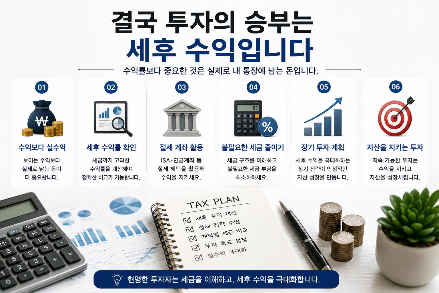 "결국 투자의 승부는 세후 수익입니다"라는 제목 아래 세후 수익 확인, 절세 계좌 활용, 불필요한 세금 줄이기, 장기 투자 계획, 자산 보호 전략 등을 단계별로 설명한 현대적인 금융 인포그래픽. 계산기, 투자 보고서, TAX PLAN 노트, 동전 더미, 화분이 배치되어 있으며 세후 수익의 중요성을 강조한 실사형 이미지.