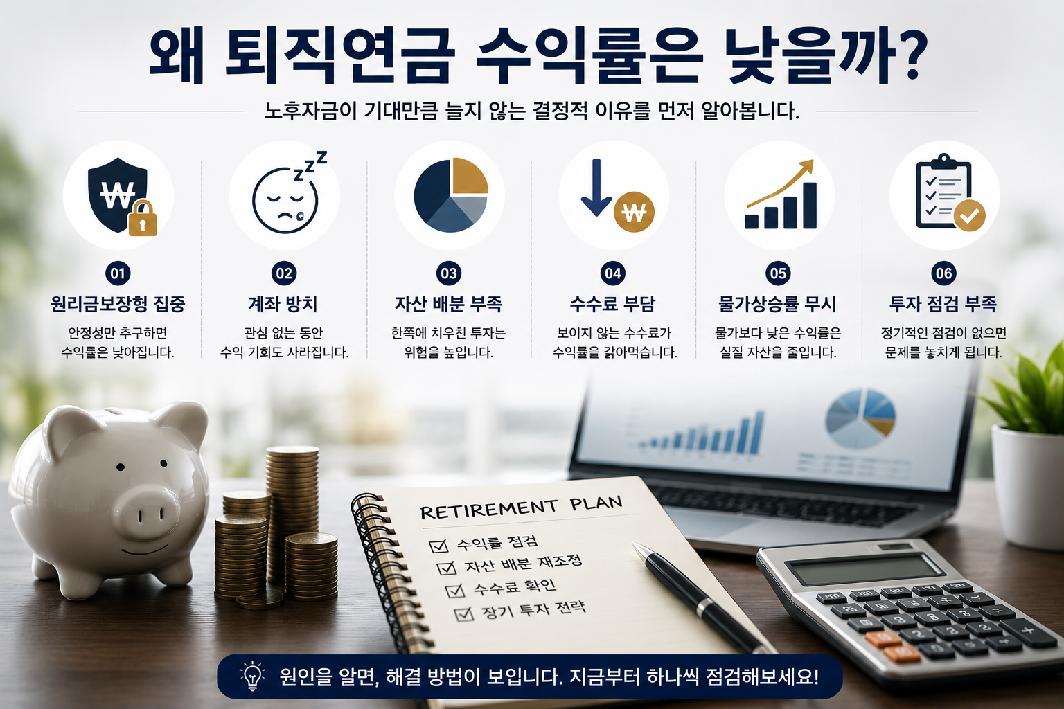 "왜 퇴직연금 수익률은 낮을까?"라는 제목 아래 원리금보장형 집중, 계좌 방치, 자산 배분 부족, 수수료 부담, 물가상승률 무시, 투자 점검 부족 등 퇴직연금 수익률을 낮추는 주요 원인을 설명한 현대적인 금융 인포그래픽. 돼지저금통, 동전 더미, 퇴직연금 관리 노트, 노트북 투자 차트, 계산기가 배치된 실사형 이미지.