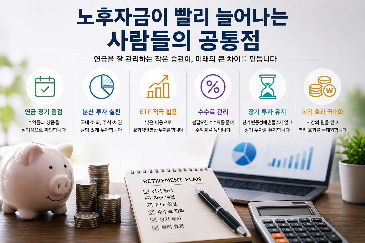 "노후자금이 빨리 늘어나는 사람들의 공통점"이라는 제목 아래 연금 정기 점검, 분산 투자 실천, ETF 적극 활용, 수수료 관리, 장기 투자 유지, 복리 효과 극대화 등의 핵심 전략을 설명한 현대적인 퇴직연금 인포그래픽. 돼지저금통, 동전 더미, RETIREMENT PLAN 노트, 노트북 투자 차트, 계산기가 배치된 실사형 이미지.