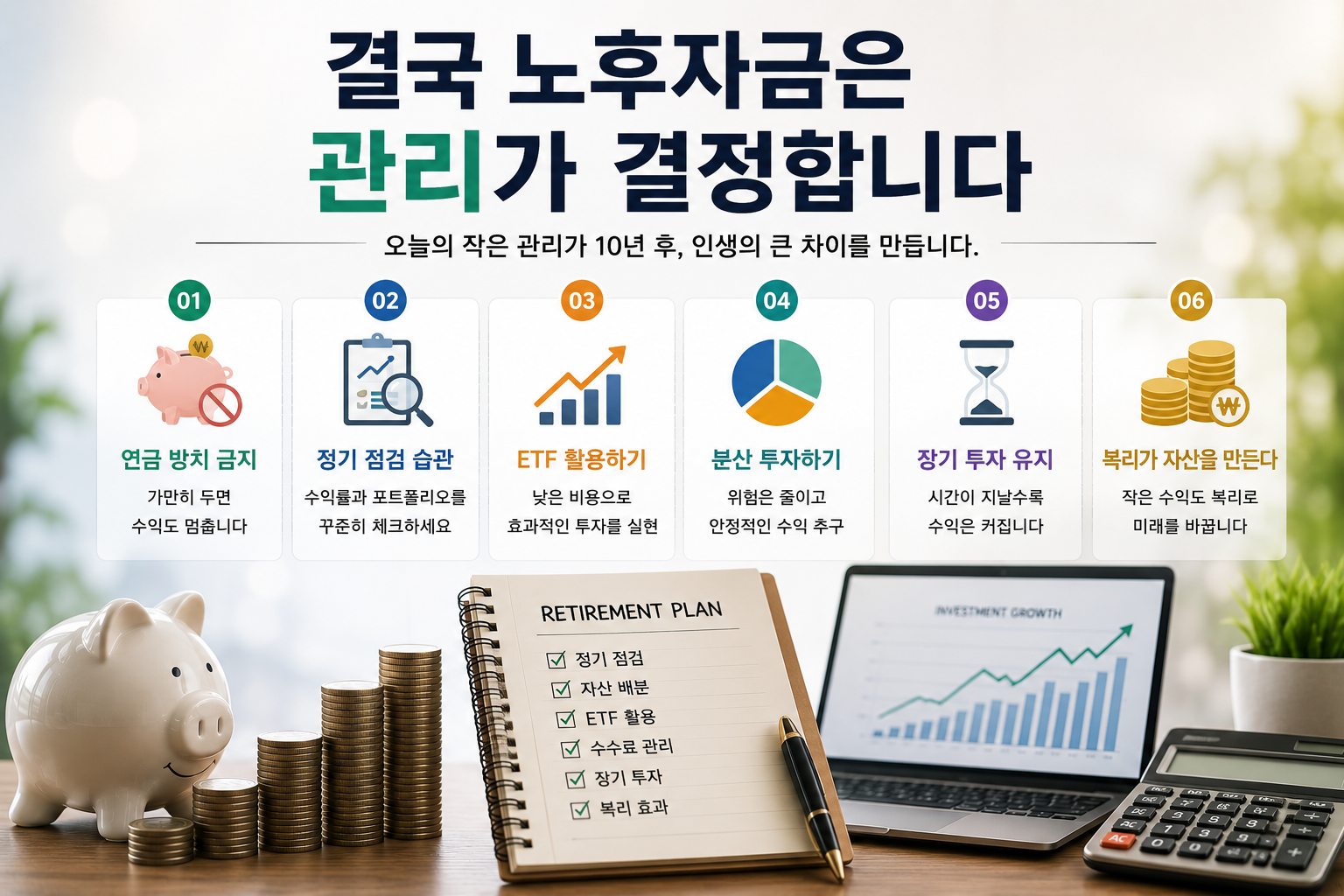 "결국 노후자금은 관리가 결정합니다"라는 제목 아래 연금 방치 금지, 정기 점검 습관, ETF 활용하기, 분산 투자하기, 장기 투자 유지, 복리 효과 극대화 등의 핵심 전략을 단계별로 설명한 현대적인 퇴직연금 인포그래픽. 돼지저금통, 동전 더미, RETIREMENT PLAN 노트, 노트북 투자 성장 그래프, 계산기가 배치된 실사형 이미지.