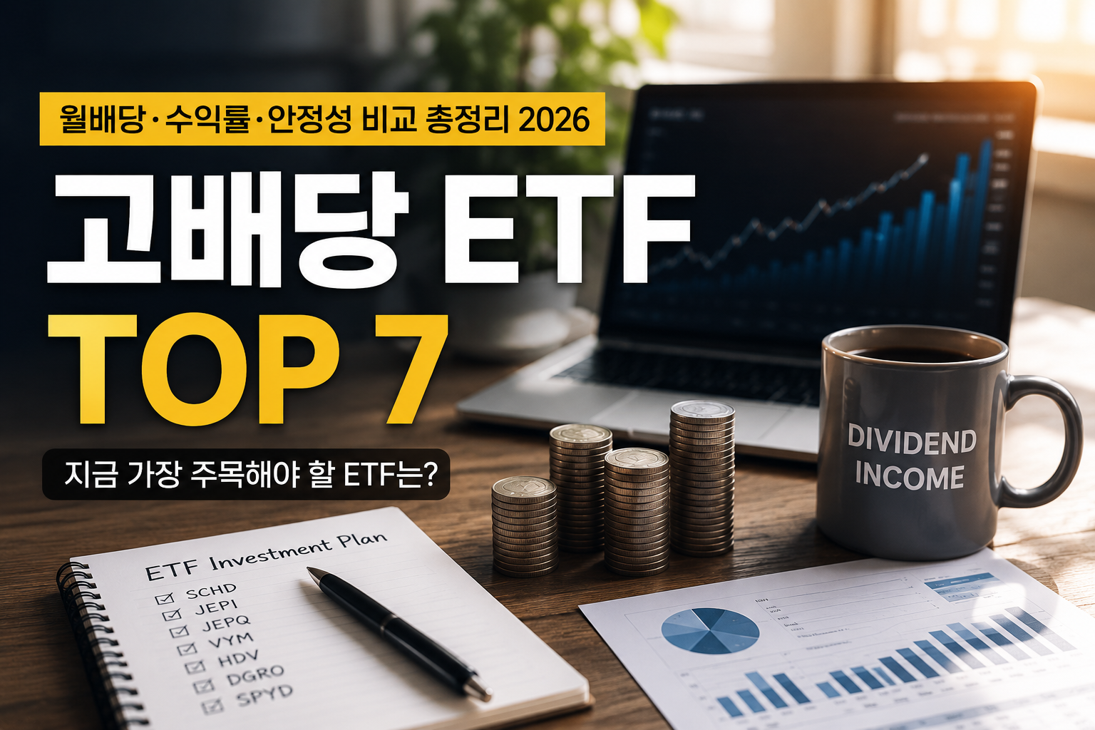 노트북의 상승 그래프, 동전 더미, 배당 투자 계획 노트, 커피 머그컵이 놓인 책상을 배경으로 "고배당 ETF TOP 7"이라는 문구가 강조된 현대적인 재테크 썸네일. 월배당, 수익률, 안정성을 비교하며 고배당 ETF 투자 전략을 소개하는 실사형 이미지.