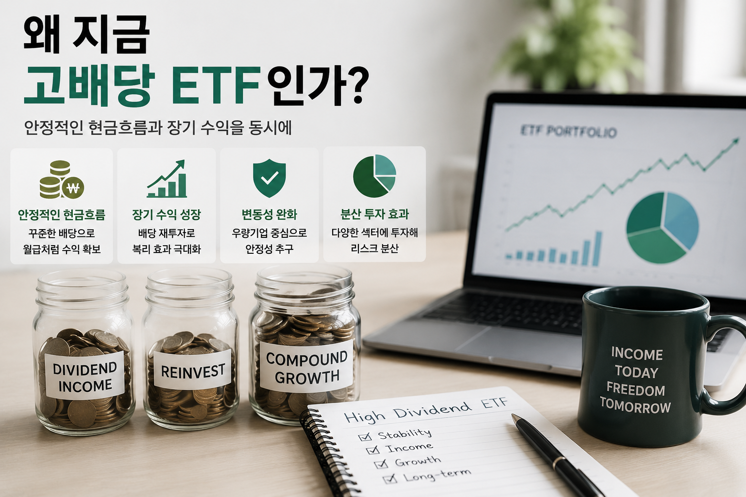 "왜 지금 고배당 ETF인가?"라는 제목 아래 안정적인 현금흐름, 장기 수익 성장, 변동성 완화, 분산 투자 효과를 설명하는 현대적인 ETF 인포그래픽. 동전이 담긴 유리병, ETF 포트폴리오 그래프가 표시된 노트북, 배당 투자 노트, 머그컵이 배치되어 있으며 고배당 ETF 투자의 장점을 시각적으로 표현한 실사형 이미지.