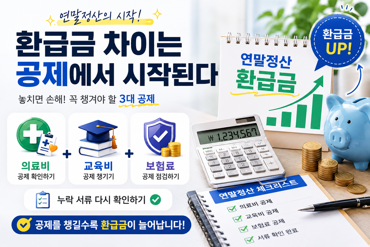 연말정산 환급금을 늘리는 핵심 공제 항목을 설명하는 현대적인 금융 인포그래픽으로, 의료비·교육비·보험료 공제와 누락 서류 확인 체크리스트를 시각적으로 정리한 실사형 이미지. 계산기, 연말정산 서류, 현금, 상승 그래프가 함께 배치되어 환급금 증가 효과를 표현합니다.