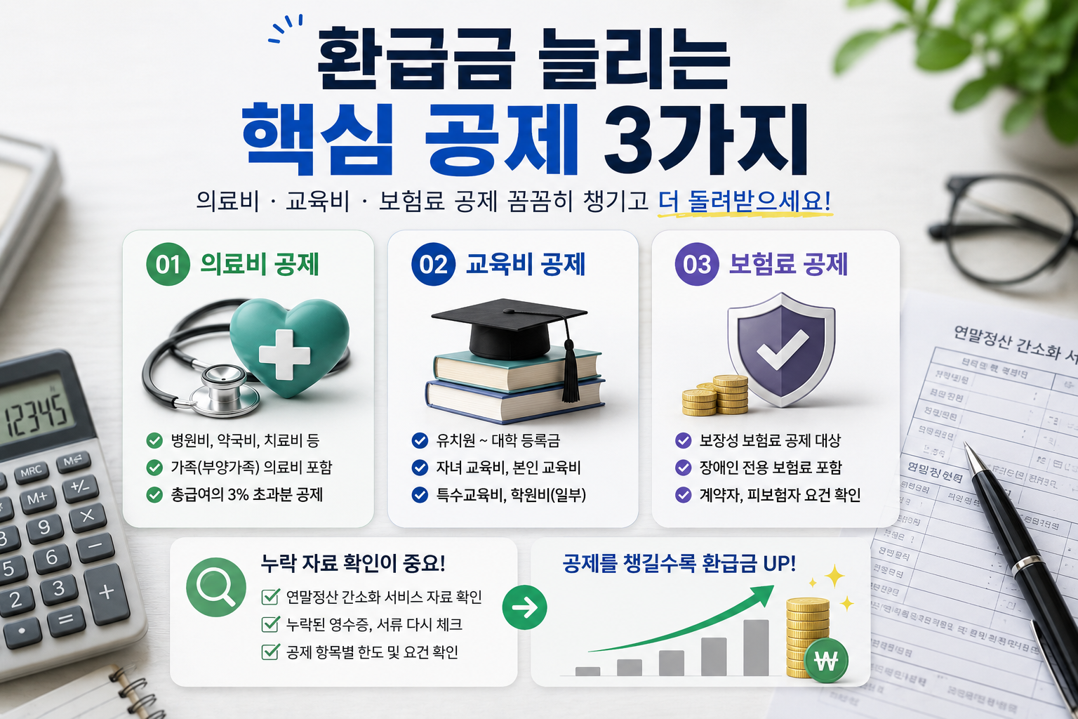 연말정산 환급금을 늘리는 핵심 공제 3가지를 설명하는 현대적인 금융 인포그래픽으로, 의료비·교육비·보험료 공제 항목과 공제 조건, 누락 자료 확인 체크리스트를 시각적으로 정리한 실사형 이미지.
