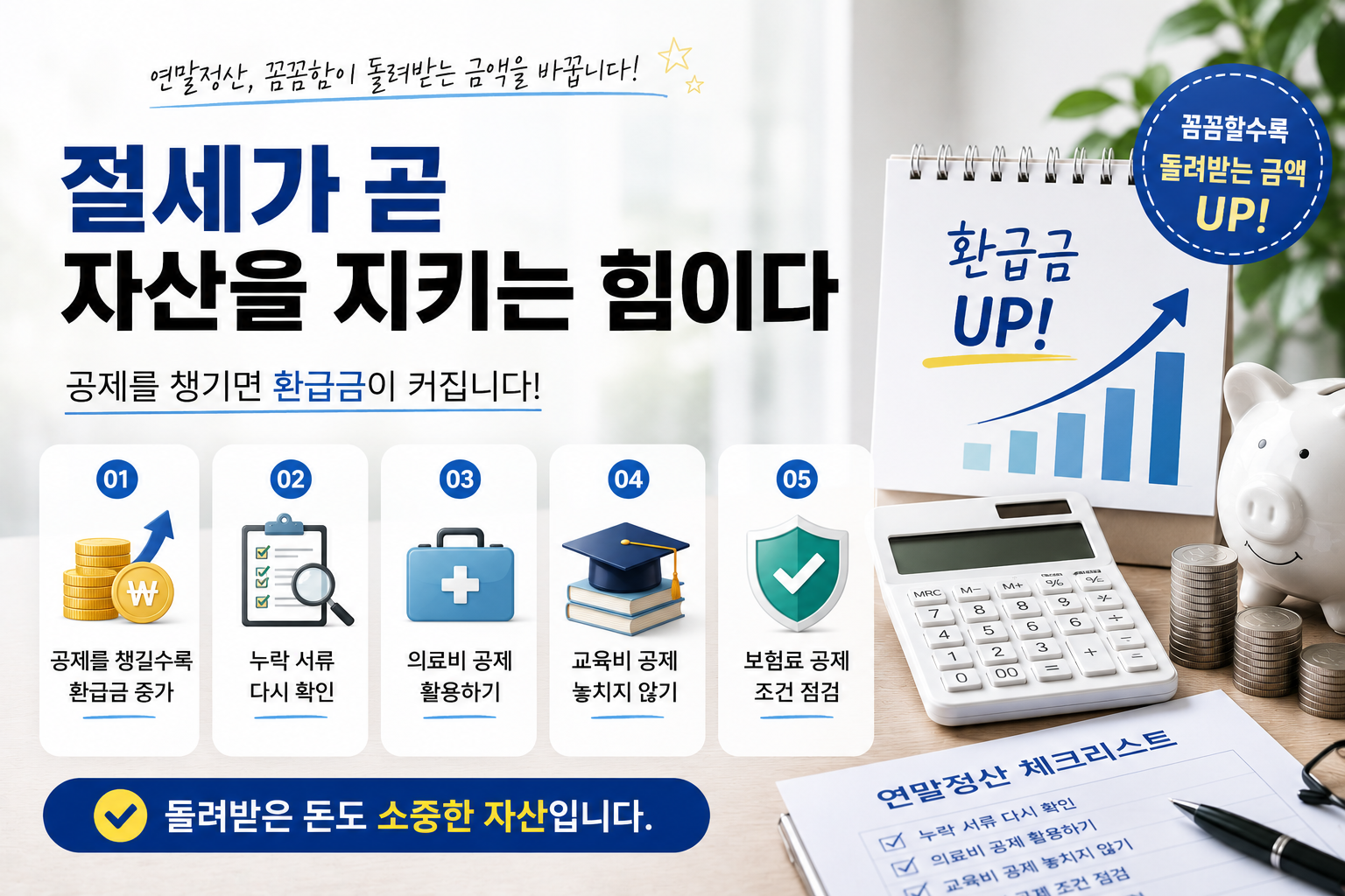 연말정산 절세 전략을 설명하는 현대적인 금융 인포그래픽으로, 환급금 증가 그래프, 계산기, 저금통, 체크리스트와 함께 의료비·교육비·보험료 공제의 중요성을 시각적으로 표현한 실사형 이미지.