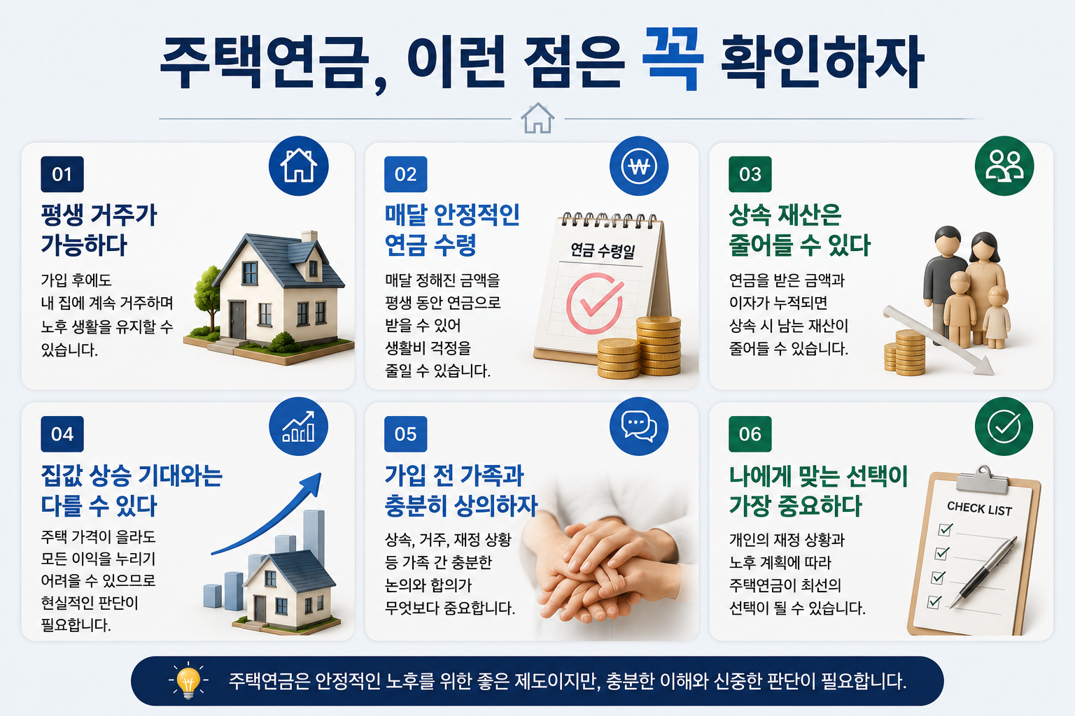 주택연금의 장점과 고려사항을 설명하는 현대적인 부동산·재테크 인포그래픽으로, 주택 모형, 연금 통장, 동전, 상승 그래프, 가족 아이콘이 배치되어 있다. 평생 거주 가능, 안정적인 연금 수령, 상속 재산 감소 가능성 등 주택연금의 핵심 내용을 실사형 디자인으로 표현한 이미지.