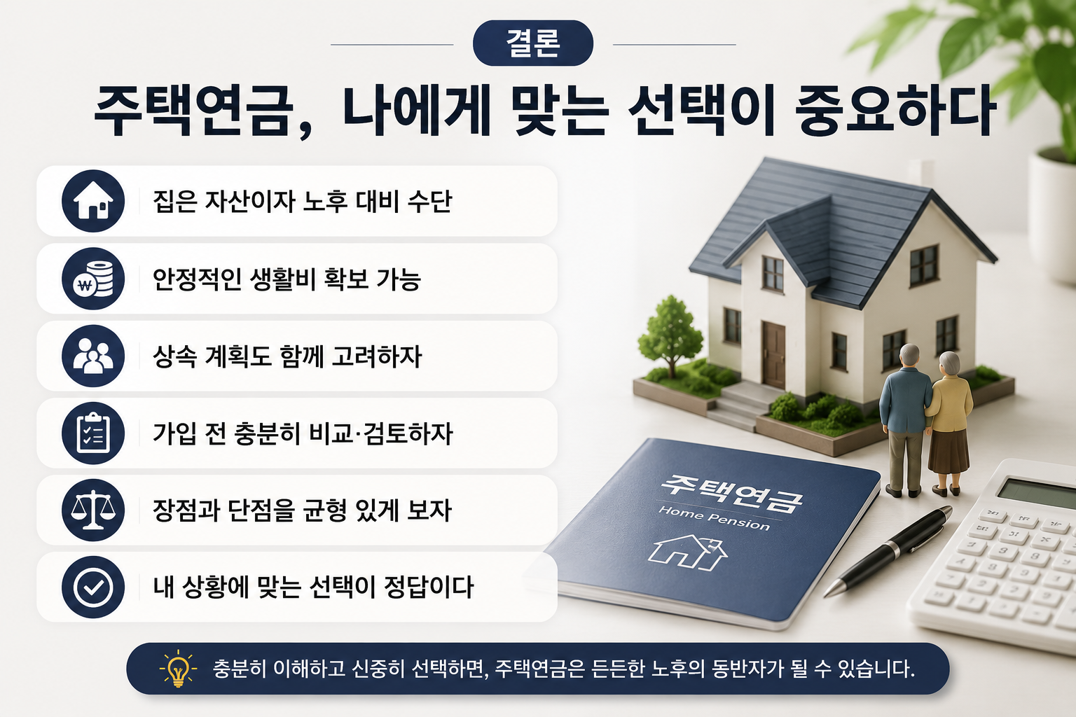 주택연금 가입 여부를 신중하게 판단하는 과정을 표현한 현대적인 부동산·재테크 인포그래픽으로, 주택 모형, 연금 관련 서류, 체크리스트, 가족 아이콘, 동전과 계산기가 배치되어 있다. 노후 생활비 확보와 상속 계획, 자산 관리의 균형을 강조하는 실사형 이미지.