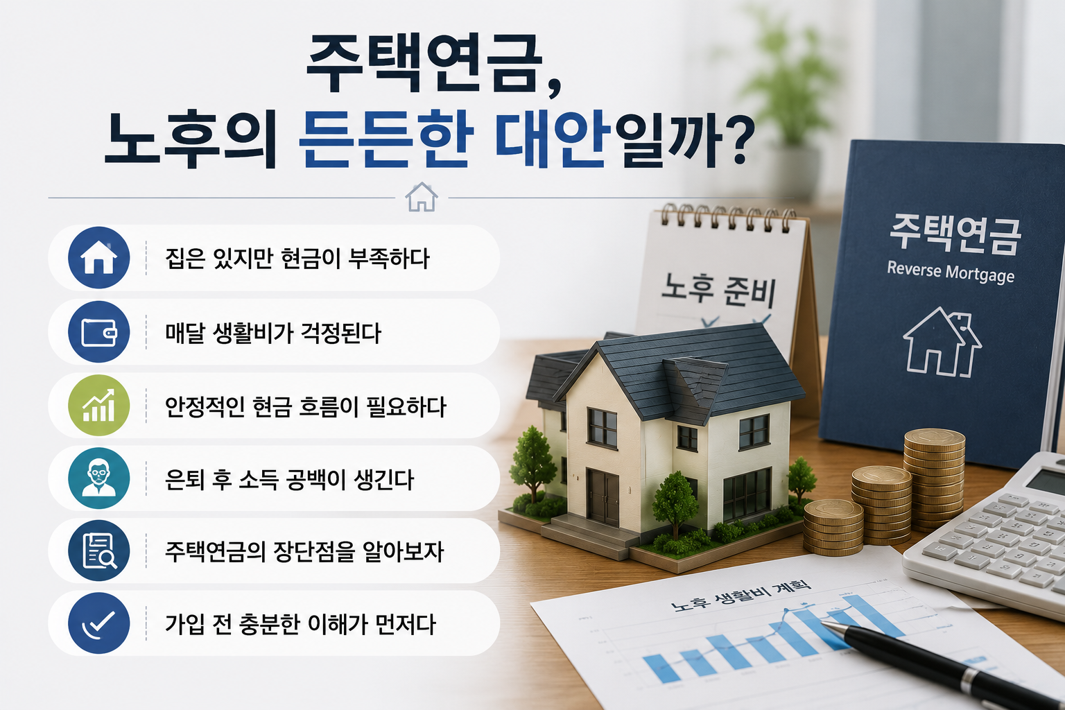주택연금의 필요성과 노후 생활비 준비를 설명하는 현대적인 부동산·재테크 인포그래픽으로, 주택 모형, 연금 관련 서류, 동전, 계산기, 은퇴한 부부의 모습이 배치되어 있다. 집은 있지만 현금 흐름이 부족한 은퇴 세대의 현실과 주택연금의 역할을 실사형 디자인으로 표현한 이미지.