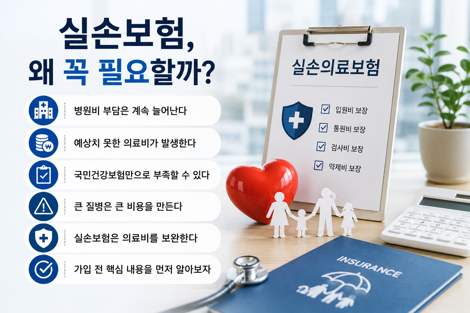 실손보험의 필요성을 설명하는 현대적인 보험 인포그래픽으로, 실손의료보험 안내서, 청진기, 계산기, 가족 모형, 하트 아이콘이 배치되어 있다. 의료비 증가와 예상치 못한 병원비 부담에 대비하기 위한 실손보험의 역할을 실사형 디자인으로 표현한 이미지.