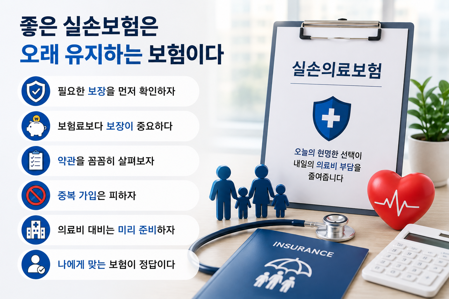 실손보험의 장기 유지 중요성을 설명하는 현대적인 보험 인포그래픽으로, 실손의료보험 안내서, 가족 모형, 청진기, 하트 아이콘, 계산기가 배치되어 있다. 필요한 보장 확인, 의료비 대비, 중복 가입 방지, 장기적인 보험 유지의 중요성을 실사형 디자인으로 표현한 이미지.
