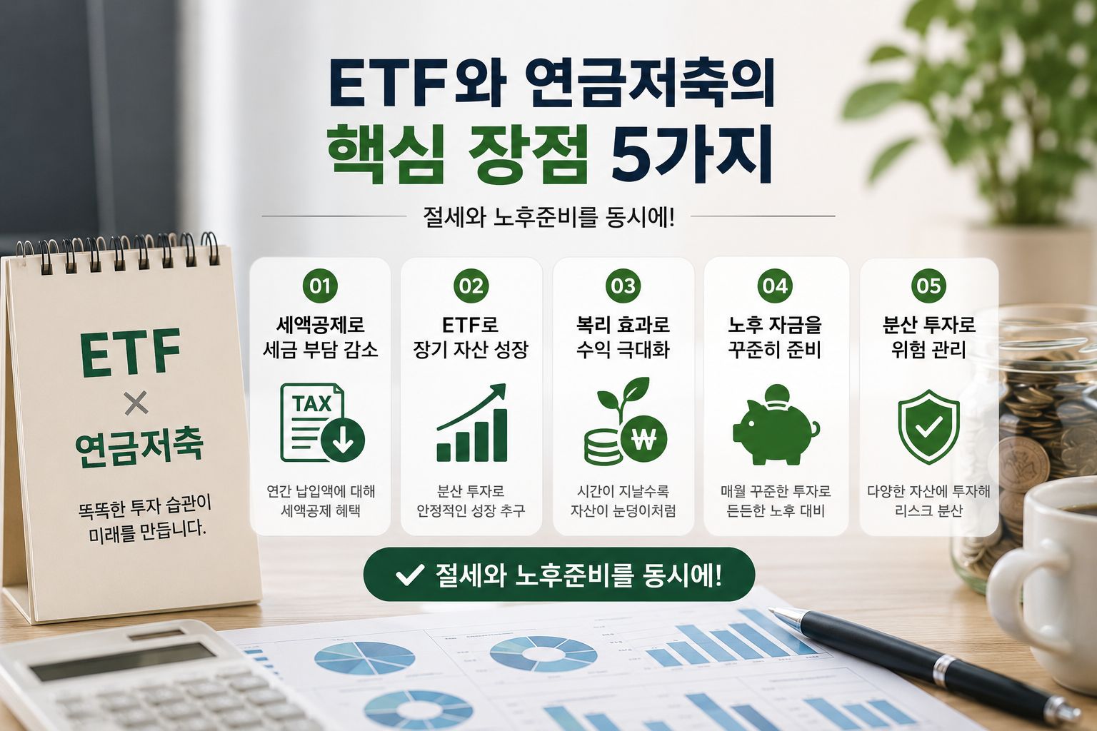 ETF와 연금저축 계좌를 함께 활용할 때 얻을 수 있는 핵심 장점을 설명하는 현대적인 금융 인포그래픽으로, ETF 투자 안내판, 세액공제 아이콘, 성장 그래프, 동전과 새싹, 노후 자금 상징 이미지가 배치되어 있다. 절세 효과, 장기 투자, 복리 성장, 노후 준비, 분산 투자의 중요성을 실사형 디자인으로 표현한 이미지.