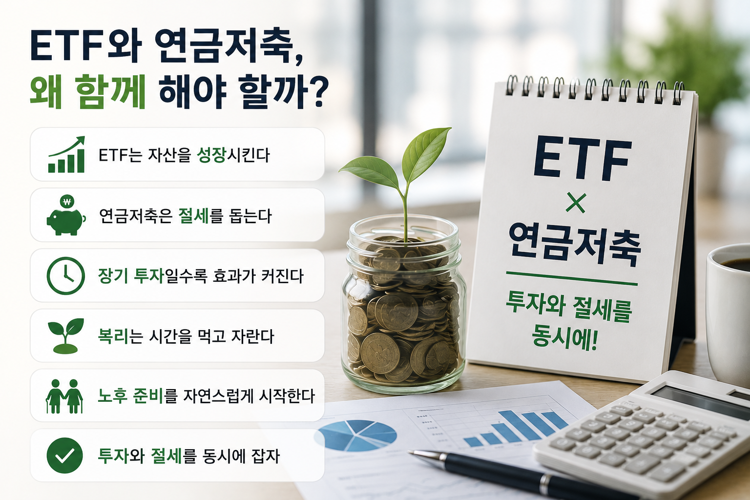 ETF와 연금저축 계좌의 시너지 효과를 설명하는 현대적인 재테크 인포그래픽으로, 동전이 담긴 유리병에서 새싹이 자라고 있으며 ETF와 연금저축 안내판, 계산기, 투자 차트가 배치되어 있다. 투자 성장, 절세 혜택, 복리 효과, 노후 준비의 중요성을 실사형 디자인으로 표현한 이미지.