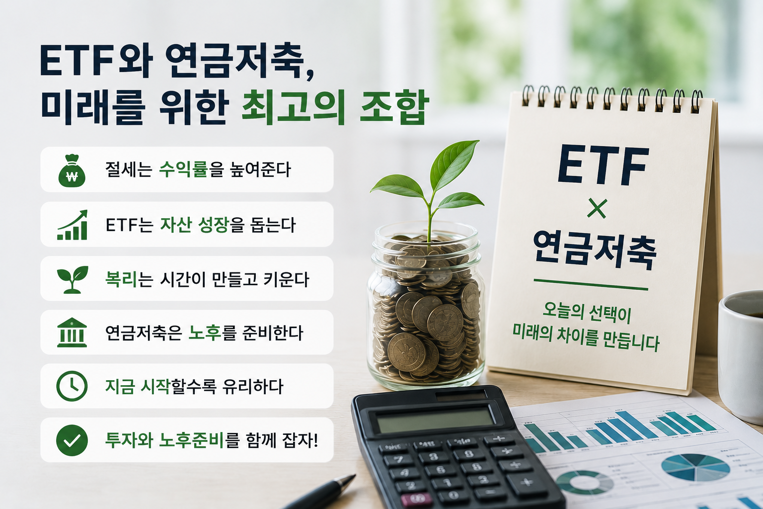 ETF와 연금저축 계좌를 활용한 장기 자산 관리 전략을 설명하는 현대적인 금융 인포그래픽으로, 동전이 가득 담긴 유리병에서 새싹이 자라고 있으며 ETF·연금저축 안내판, 계산기, 투자 보고서가 배치되어 있습니. 절세 효과, 자산 성장, 복리 투자, 노후 준비의 중요성을 실사형 디자인으로 표현한 이미지.