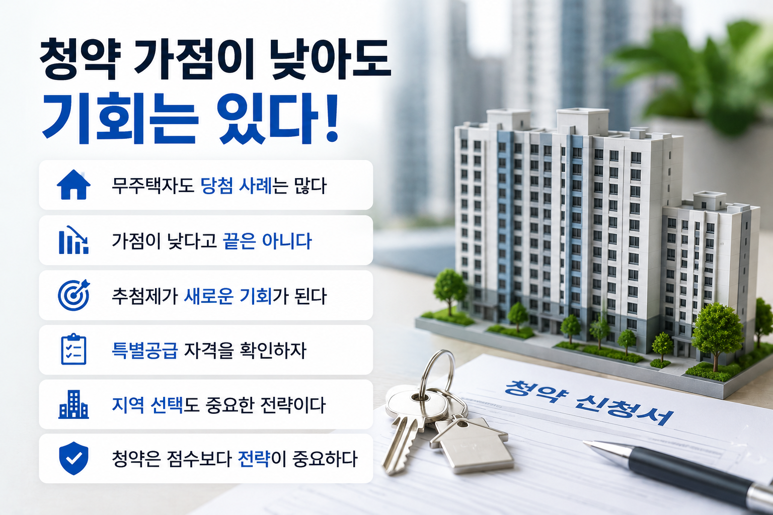 청약 가점이 낮은 무주택자를 위한 청약 전략을 설명하는 현대적인 부동산 인포그래픽으로, 아파트 단지 모형, 청약 신청서, 열쇠, 계약 서류가 배치되어 있습다. 추첨제 활용, 특별공급 자격 확인, 지역 선택 전략 등 청약 당첨 가능성을 높이는 핵심 내용을 실사형 디자인으로 표현한 이미지.