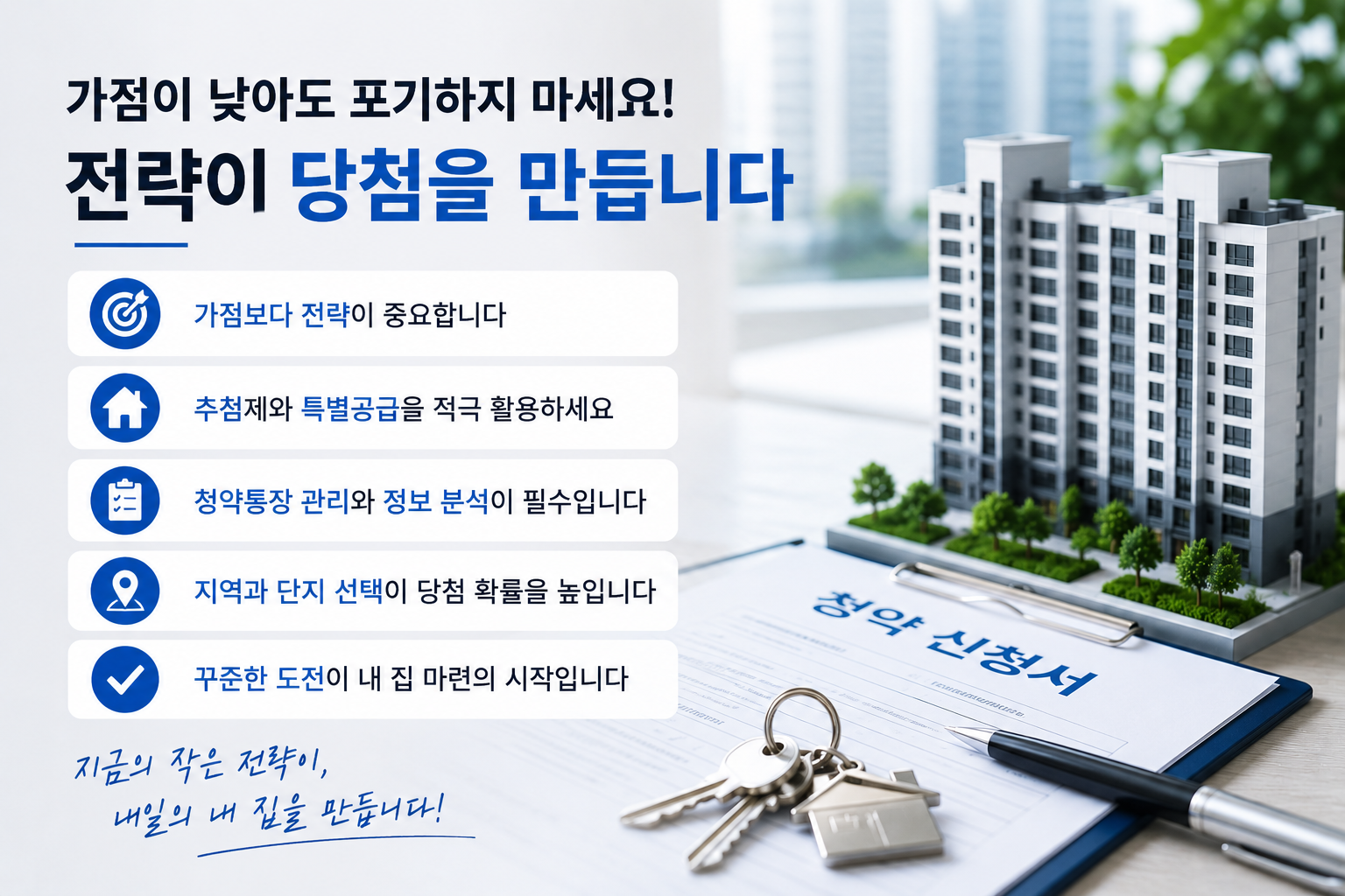 청약 가점이 낮은 무주택자를 위한 성공적인 청약 전략을 설명하는 현대적인 부동산 인포그래픽으로, 아파트 모형, 열쇠, 청약 신청서, 계약 서류, 상승 그래프가 배치되어 있습다. 추첨제 활용, 특별공급 기회, 꾸준한 청약 준비, 당첨 가능성 향상 등을 실사형 디자인으로 표현한 이미지.