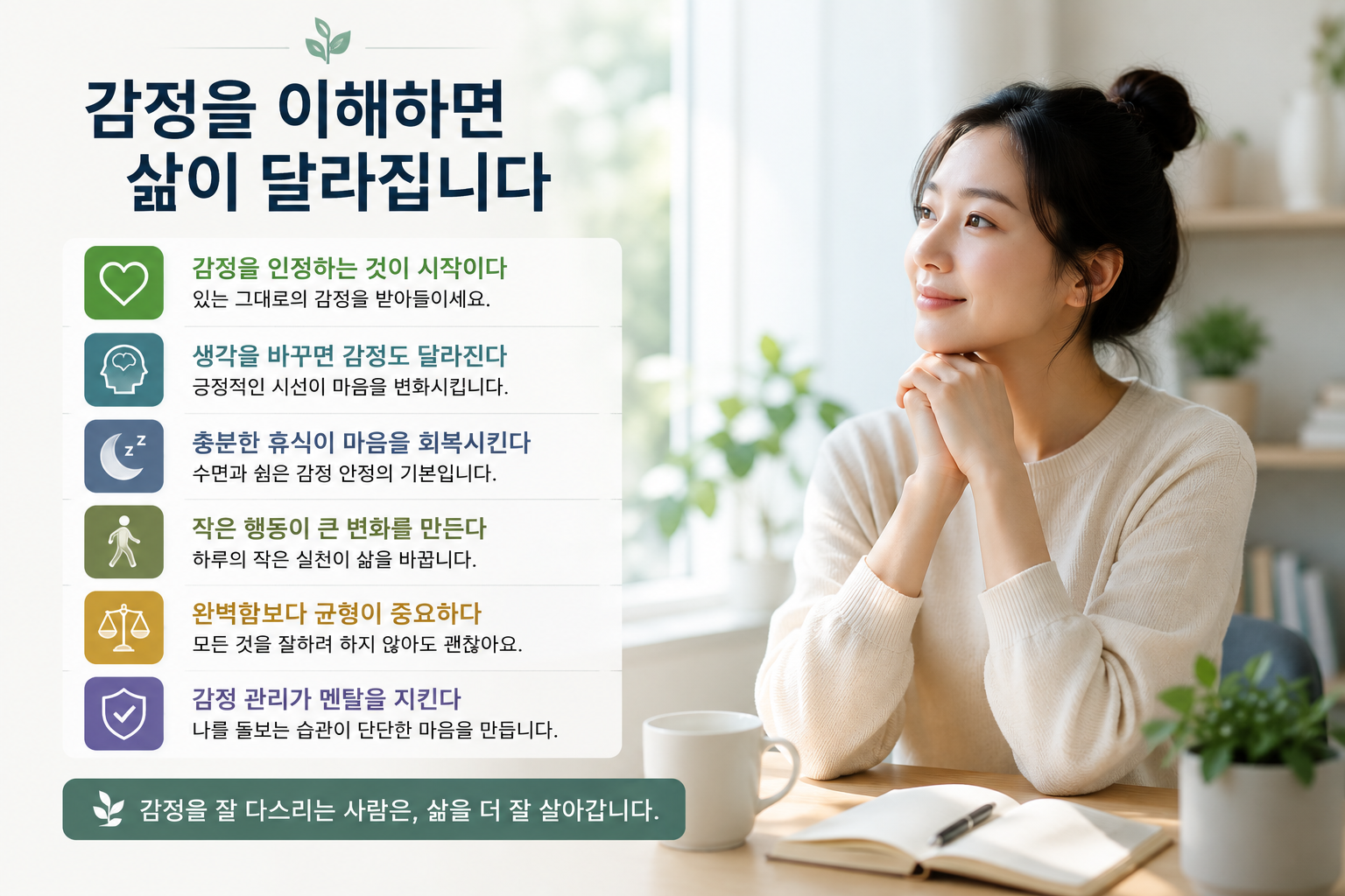 감정 관리와 마음의 균형 회복을 주제로 한 현대적인 자기계발 인포그래픽으로, 차분한 표정의 인물이 햇살이 비치는 공간에서 명상하거나 생각에 잠겨 있으며, 새싹, 하트, 균형 저울, 휴식 아이콘이 배치되어 있다. 감정을 이해하고 건강하게 관리하는 과정을 실사형 디자인으로 표현한 이미지.
