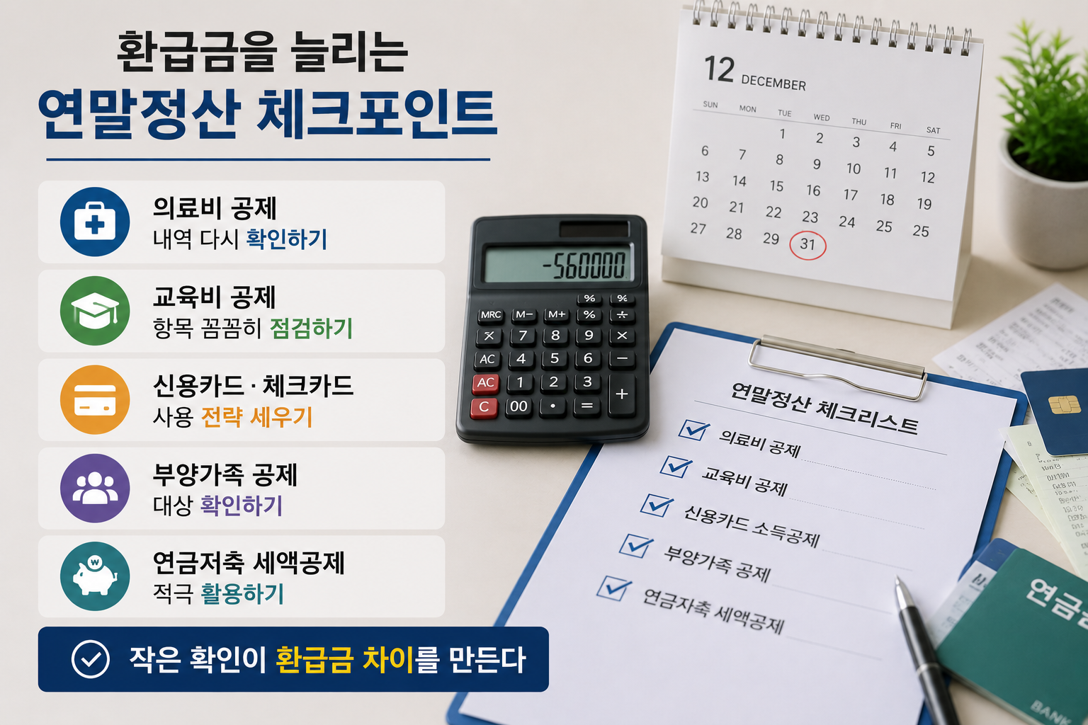 연말정산 환급금을 늘리는 핵심 공제 항목을 설명하는 현대적인 재테크 인포그래픽으로, 계산기, 세금 신고서, 체크리스트, 신용카드, 의료비 영수증, 연금저축 관련 문서가 정리된 책상 위에 배치되어 있다. 의료비 공제, 교육비 공제, 카드 공제, 부양가족 공제, 연금저축 세액공제 등 환급금 증가에 도움이 되는 핵심 내용을 실사형 디자인으로 표현한 이미지.