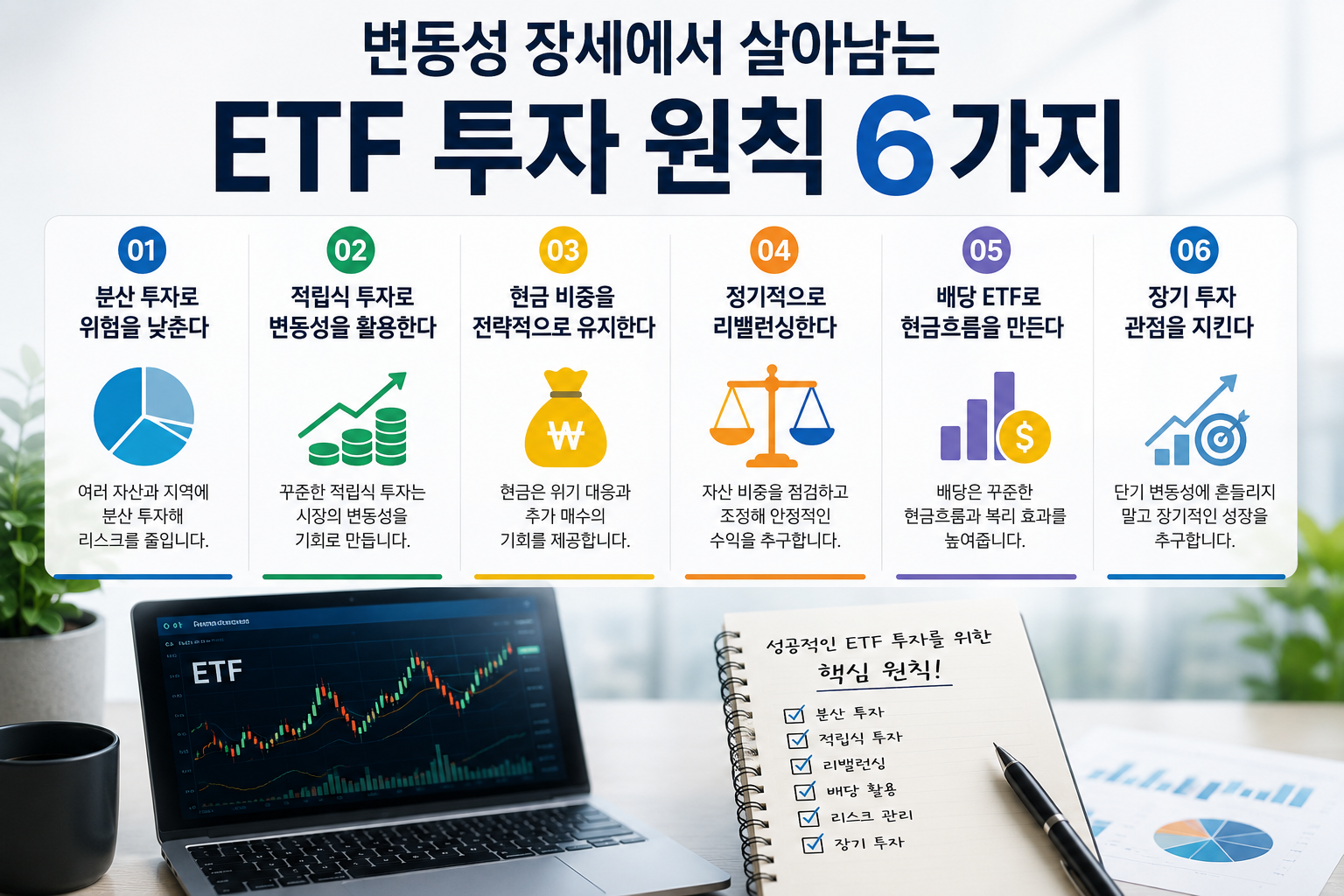 변동성 장세에서 ETF 투자 원칙을 설명하는 현대적인 인포그래픽 이미지로, 밝고 세련된 사무공간 배경 위에 노트북의 ETF 차트, 투자 체크리스트가 적힌 노트, 분석 자료가 배치되어 있으며 분산 투자, 적립식 투자, 현금 비중 유지, 리밸런싱, 배당 ETF 활용, 장기 투자 전략이 시각적으로 정리된 모습.
