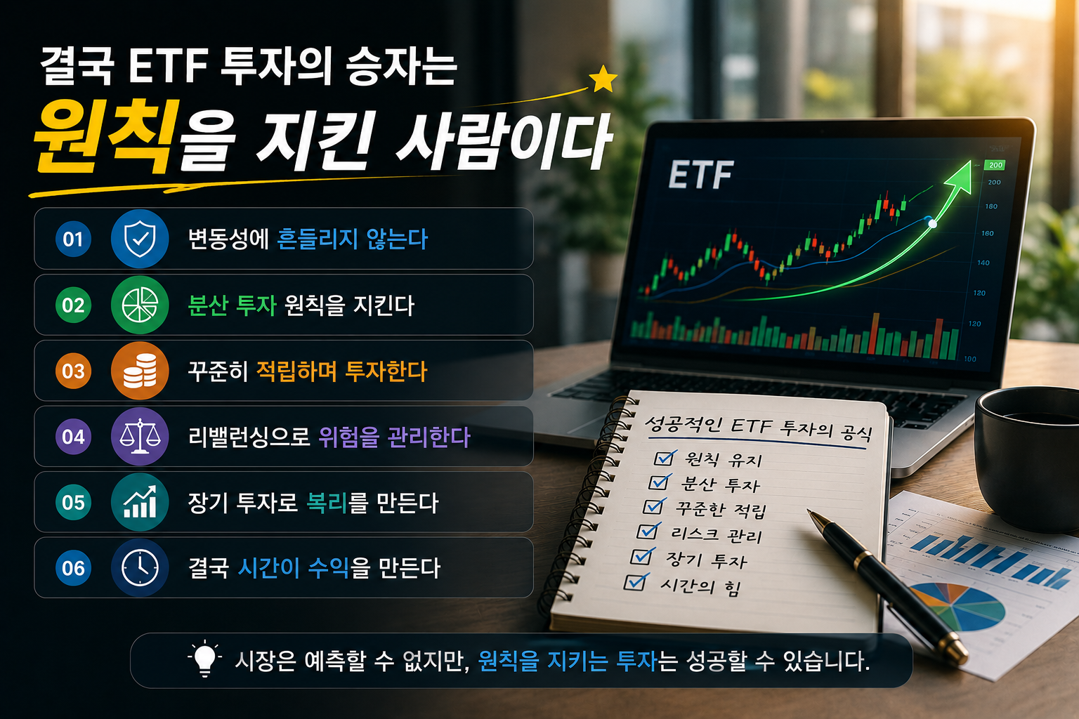 ETF 장기 투자 성공 원칙을 설명하는 현대적인 인포그래픽 이미지로, 세련된 사무실 배경 속 노트북에 ETF 차트가 표시되어 있으며, 투자 계획 노트와 그래프 자료가 함께 배치되어 있다. 분산 투자, 적립식 투자, 리밸런싱, 장기 투자, 복리 효과 등의 핵심 원칙이 시각적으로 표현된 모습.