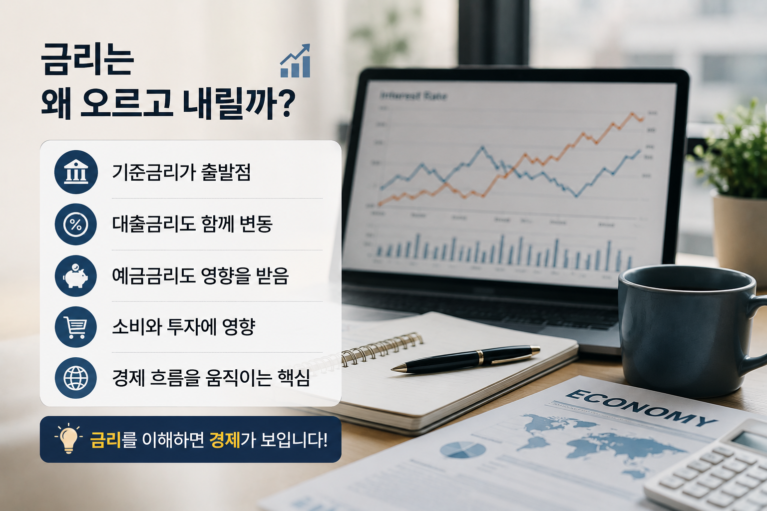 상승과 하락을 나타내는 금리 그래프, 퍼센트(%) 기호, 동전 더미, 계산기와 금융 보고서가 함께 배치되어 있으며 금리 변동의 원리를 설명하는 현대적인 금융 인포그래픽 이미지.