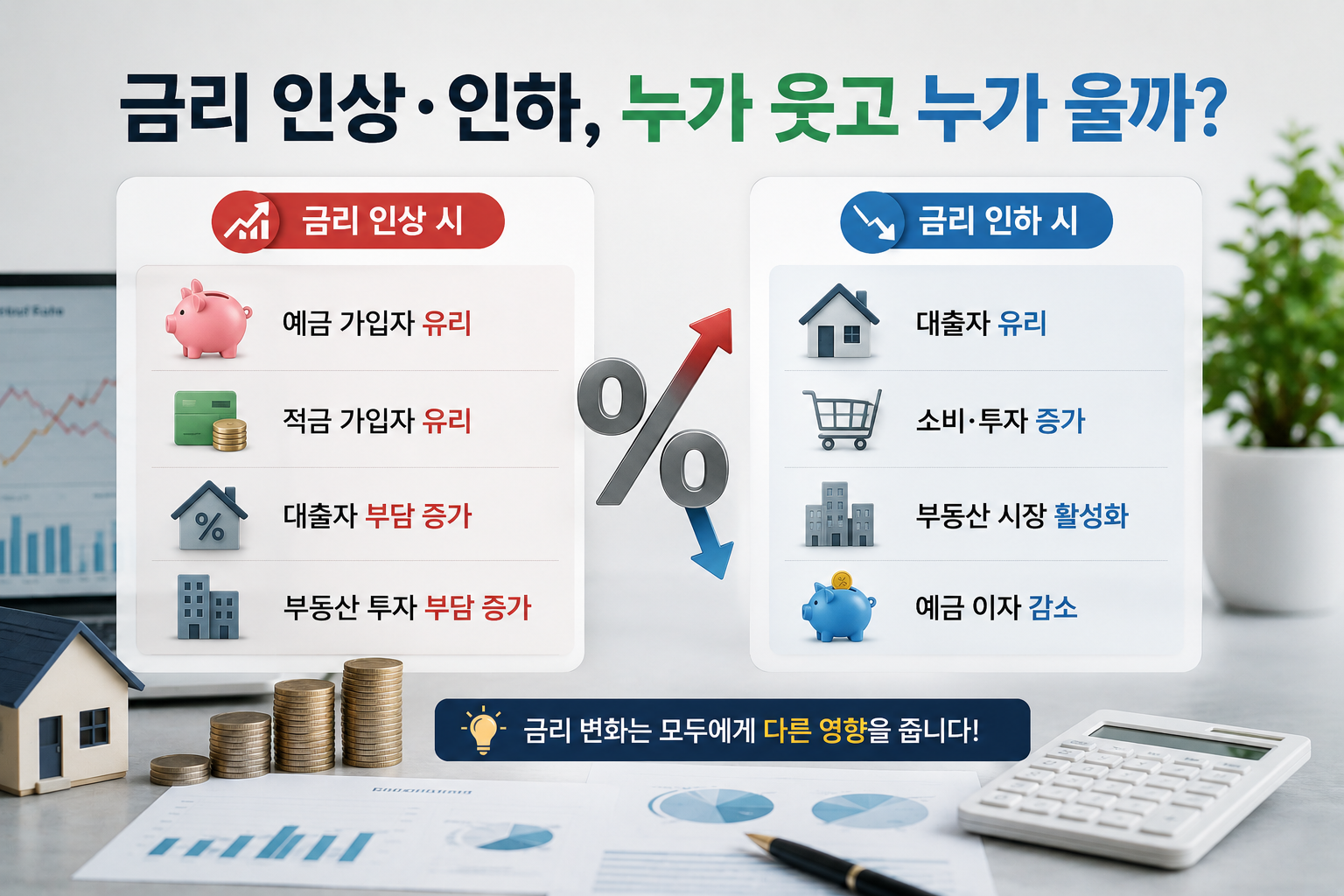 금리 인상과 금리 인하를 비교하는 금융 인포그래픽으로, 동전 더미와 상승·하락 화살표 그래프, 계산기, 금융 차트가 함께 배치되어 있으며 금리 변화에 따른 수혜자와 부담 대상이 정리된 현대적인 실사 스타일 이미지.