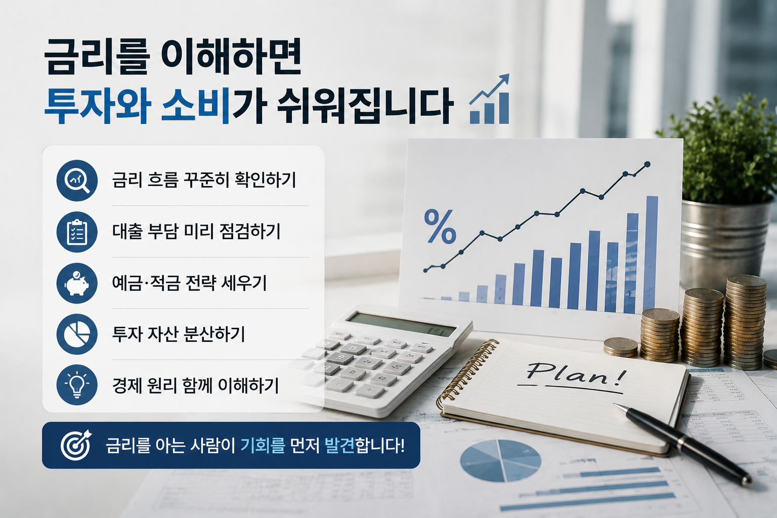 금리와 경제의 관계를 설명하는 금융 인포그래픽으로, 노트북 속 금융 그래프와 계산기, 동전, 투자 서류가 함께 배치되어 있으며 금리 이해의 중요성을 강조한 현대적인 실사 스타일 이미지.
