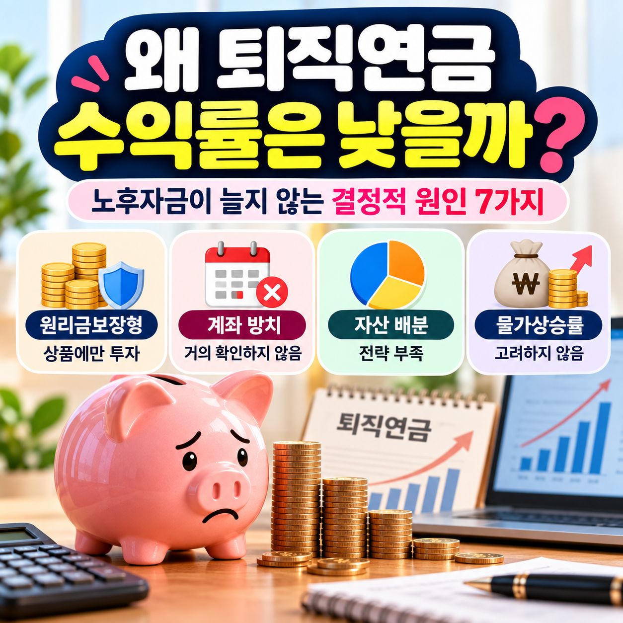 원리금보장형 상품 집중, 계좌 방치, 자산 배분 부족, 물가상승률 미고려 등 퇴직연금 수익률이 낮아지는 주요 원인을 정리한 인포그래픽