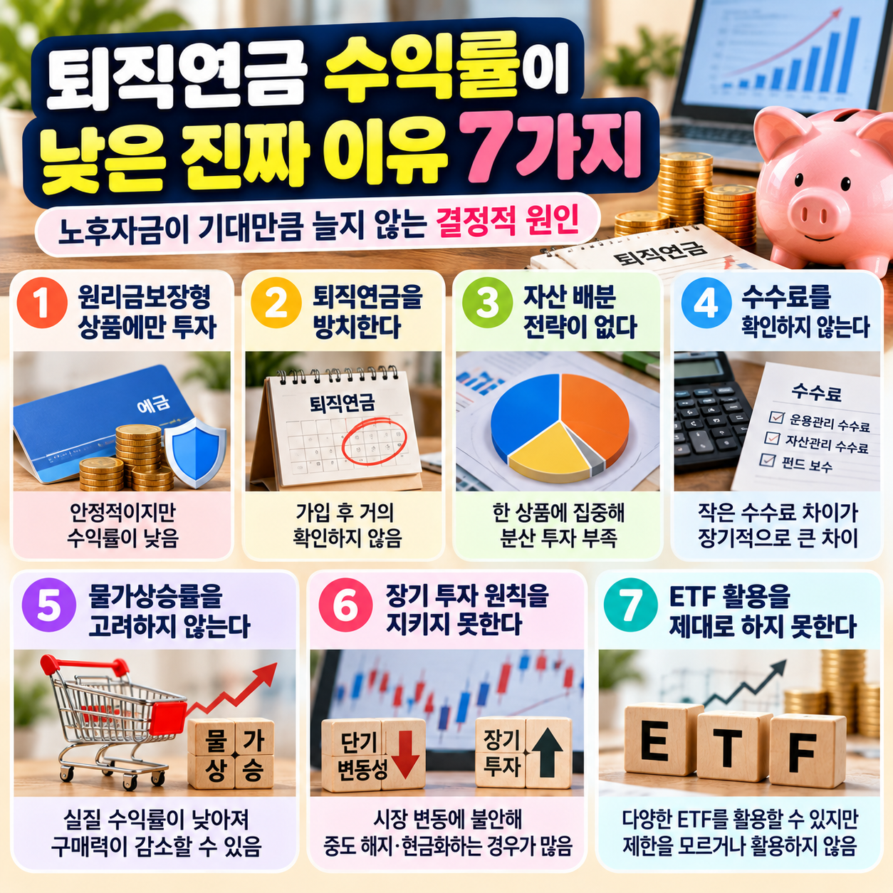 원리금보장형 상품 집중, 계좌 방치, 자산 배분 부족, 수수료 미확인, 물가상승률 미고려, 장기 투자 원칙 부족, ETF 활용 부족 등 퇴직연금 수익률이 낮아지는 7가지 원인을 정리한 인포그래픽
