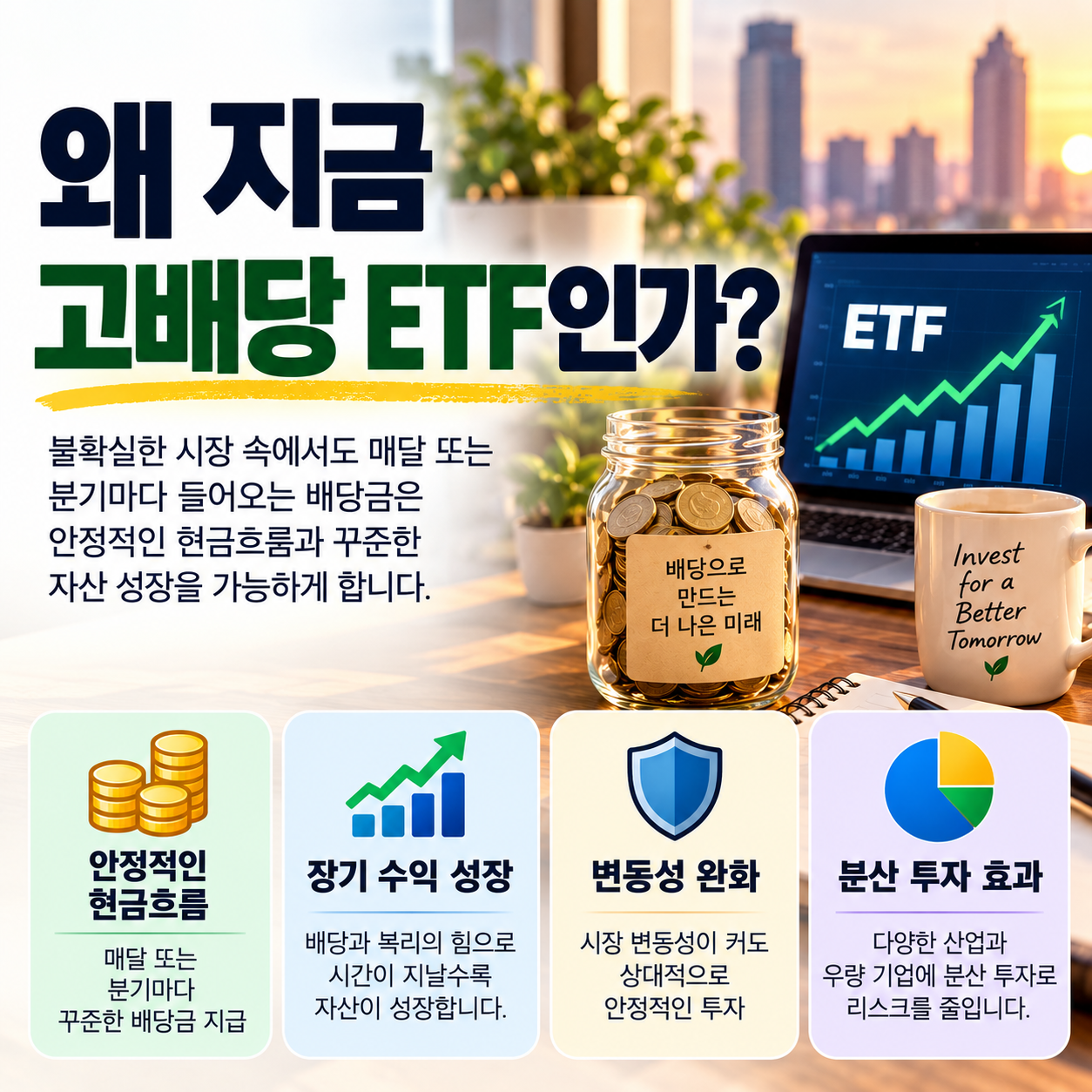 고배당 ETF의 현금흐름과 장기 투자 장점을 정리한 인포그래픽