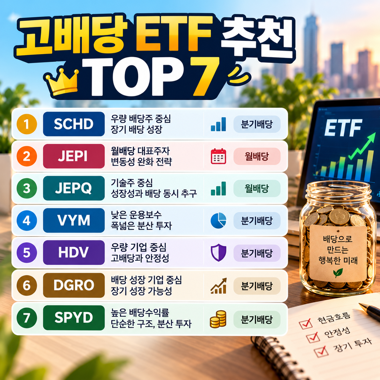 SCHD, JEPI, JEPQ 등 고배당 ETF TOP 7의 특징과 배당주기를 비교한 인포그래픽