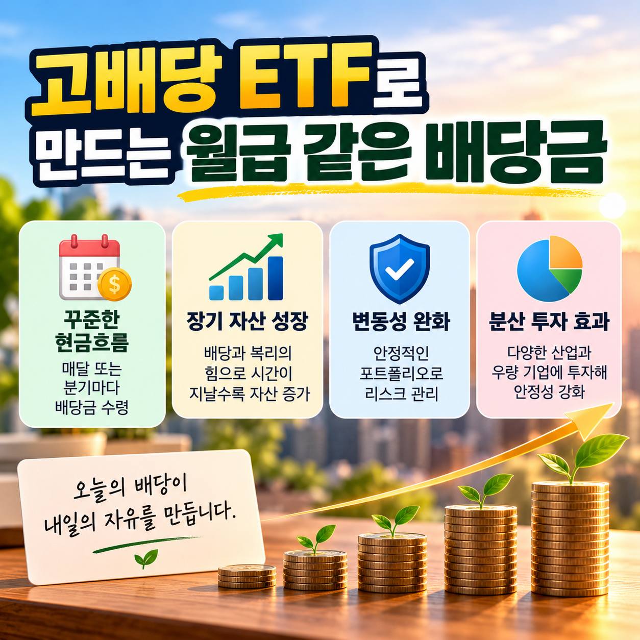 고배당 ETF의 현금흐름, 장기 성장, 변동성 완화, 분산 투자 효과를 정리한 인포그래픽