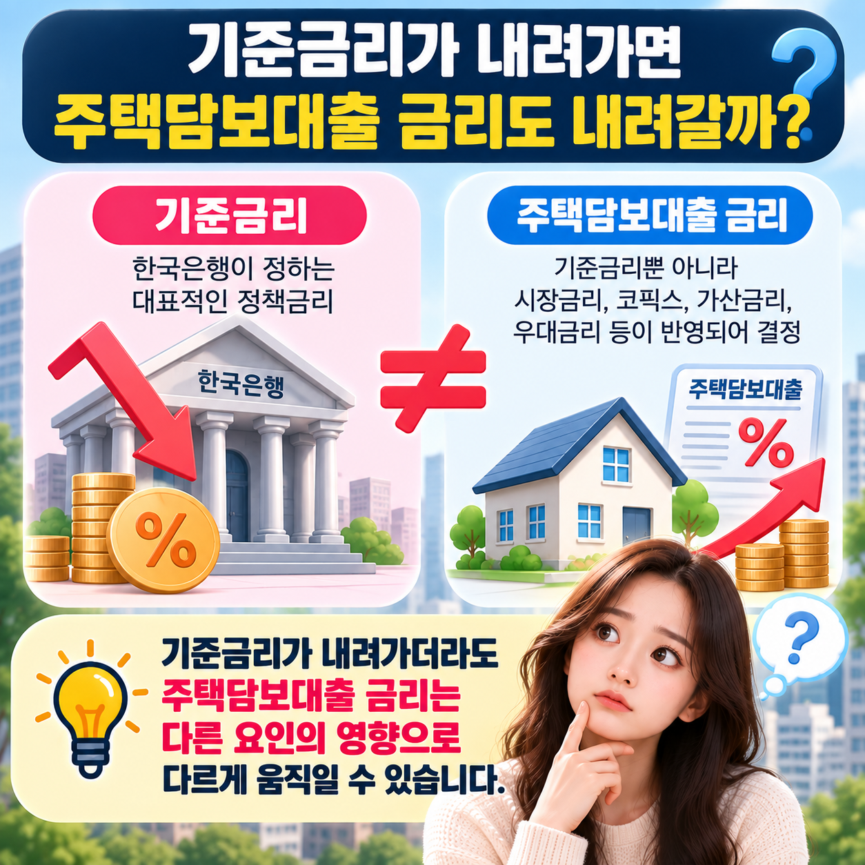 기준금리와 주택담보대출 금리의 차이와 주담대 금리를 결정하는 주요 요인을 설명한 인포그래픽